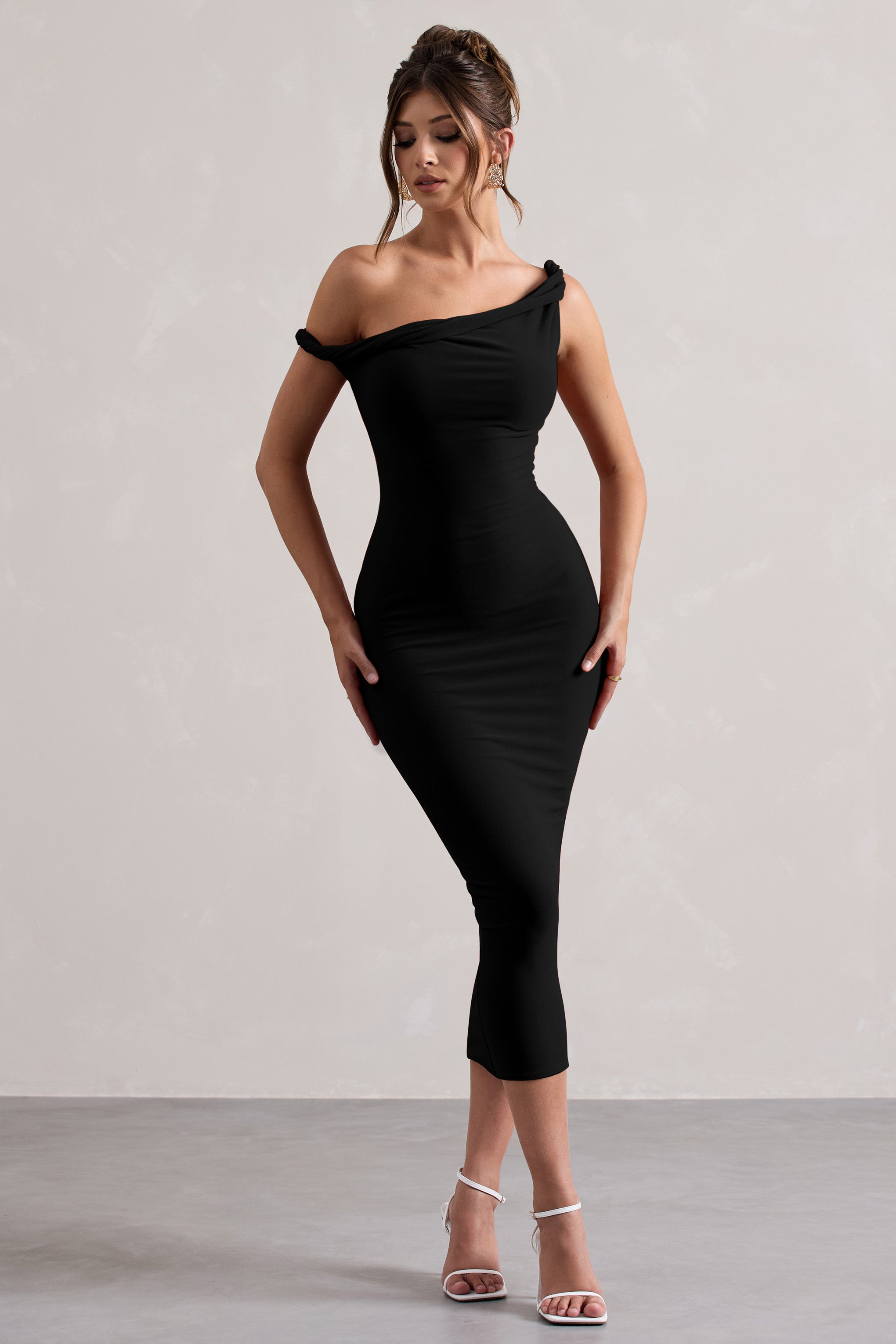 Salome | Schwarzes Asymmetrisches Midikleid mit verdrehten Details