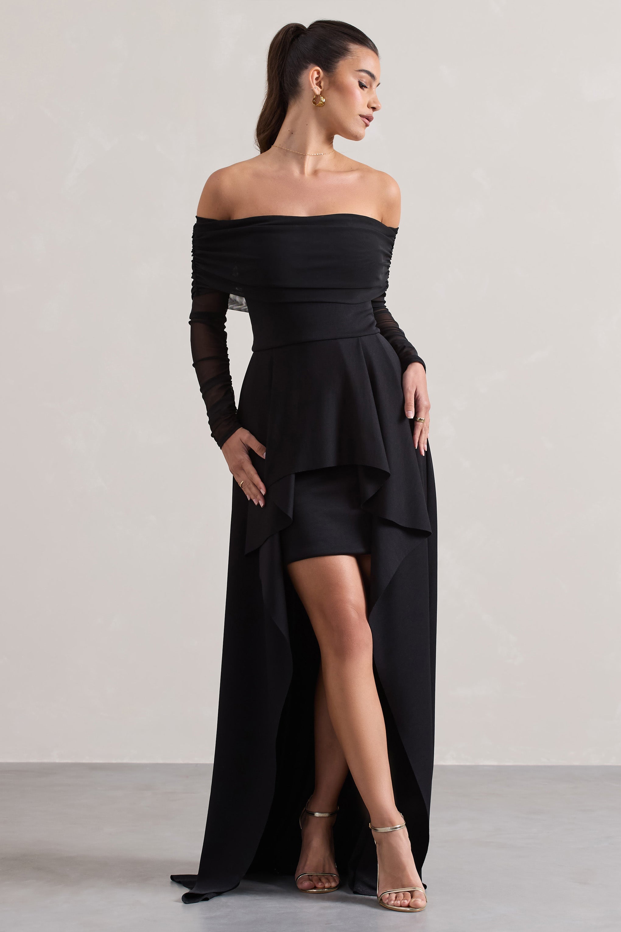 Lunara | Schwarzes Bardot High-Low Maxikleid