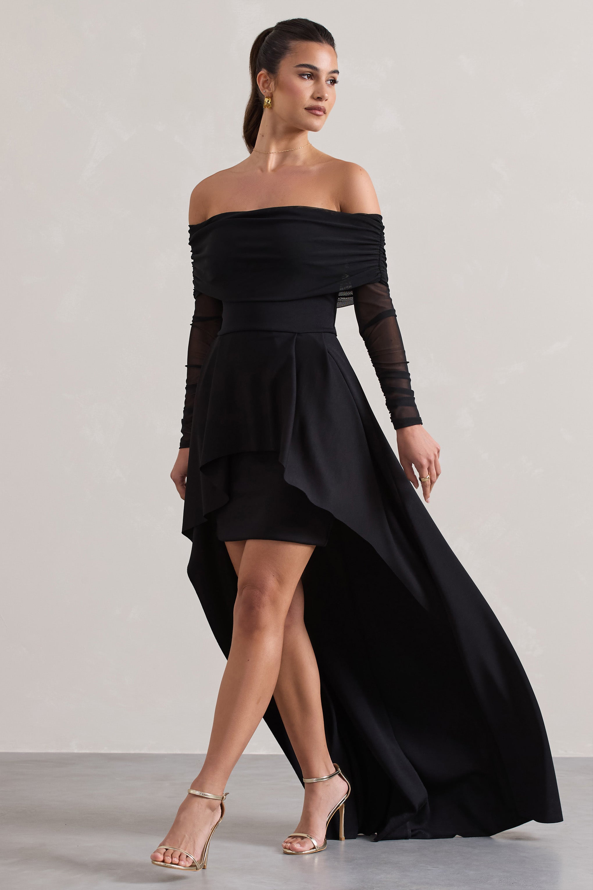 Lunara | Schwarzes Bardot High-Low Maxikleid