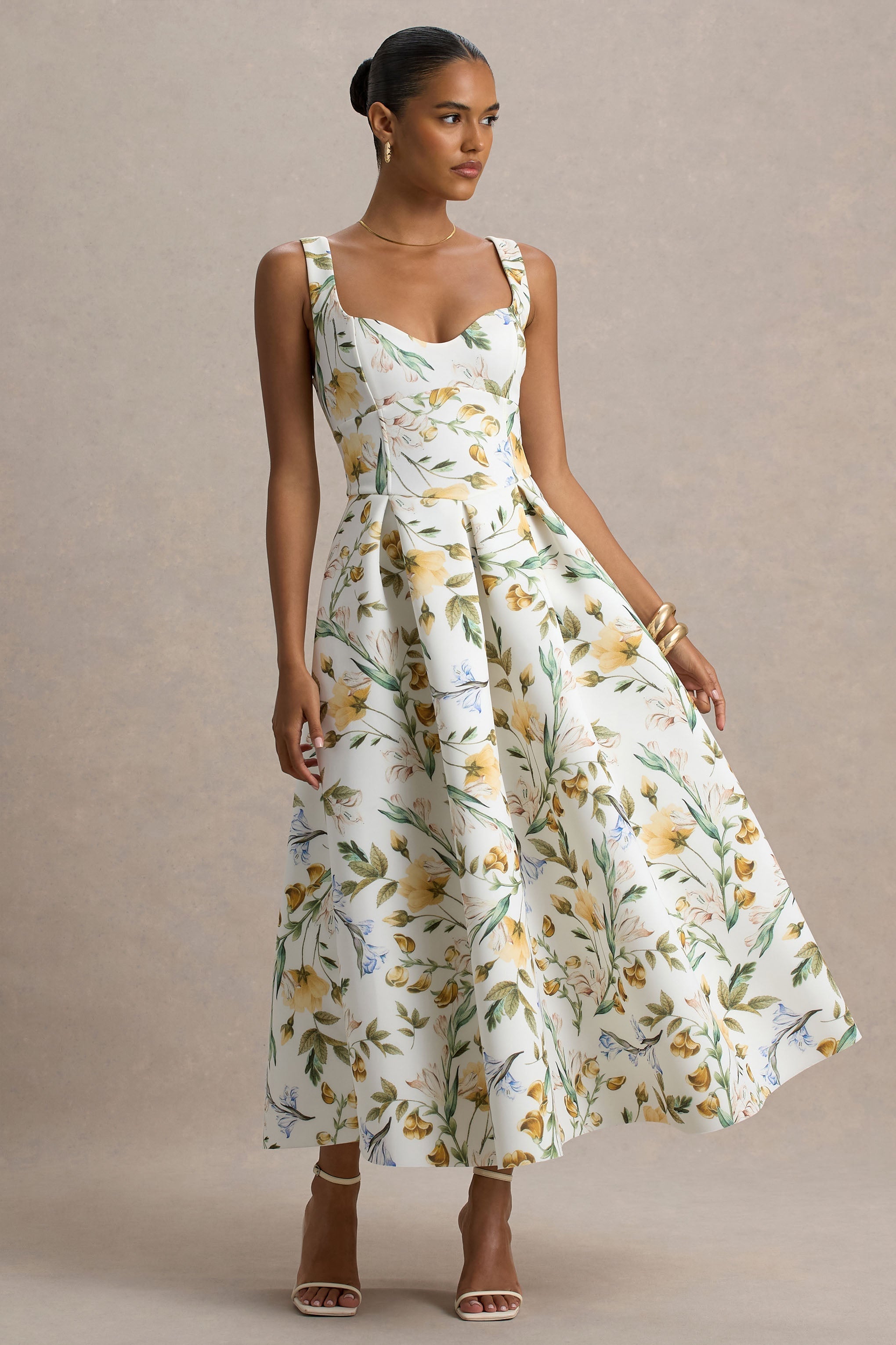 Rosemary | Midikleid mit Blumenmuster, Sweetheart-Ausschnitt und tief angesetzter Taille