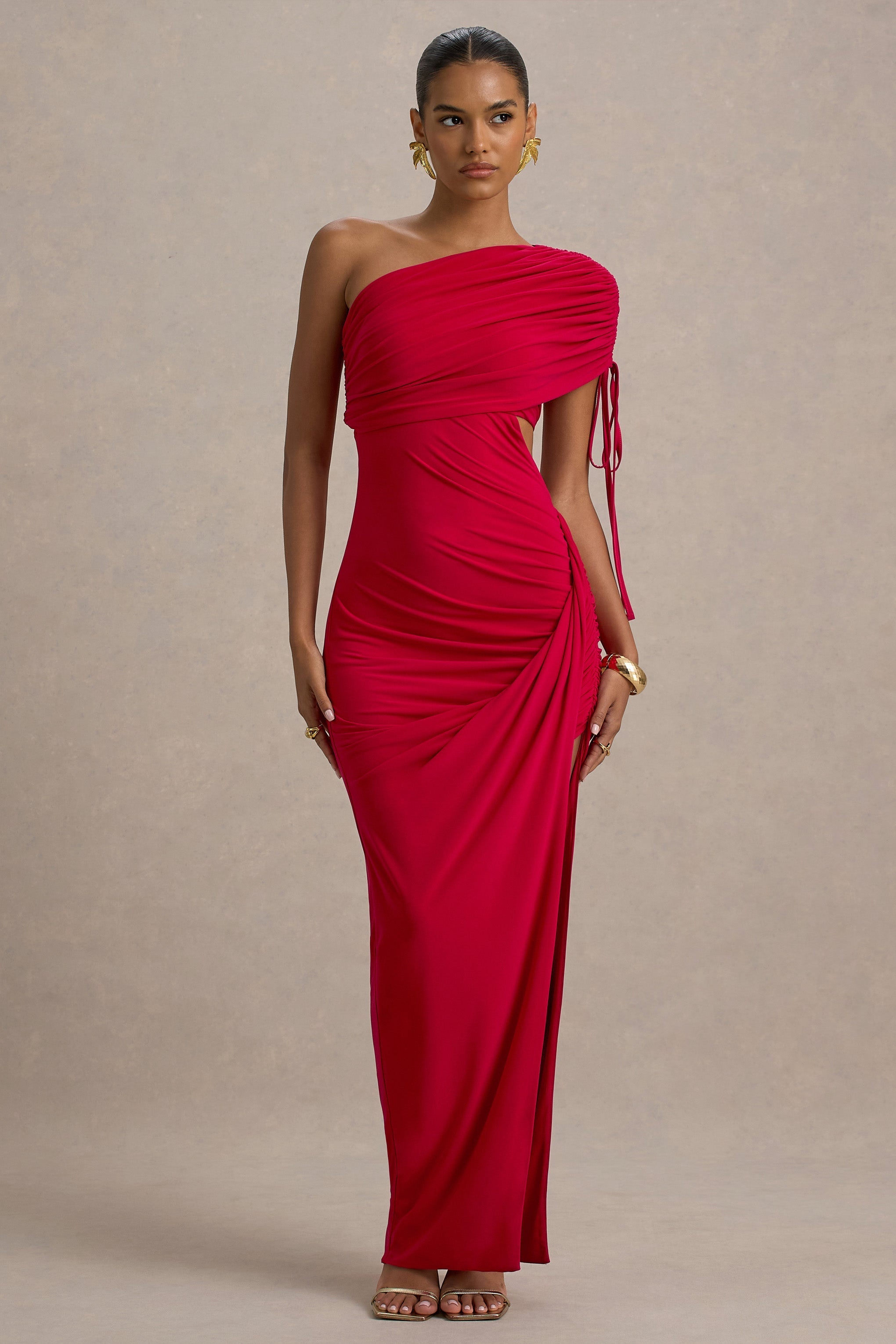 Trance | Rotes asymmetrisches Maxikleid mit Schlitz