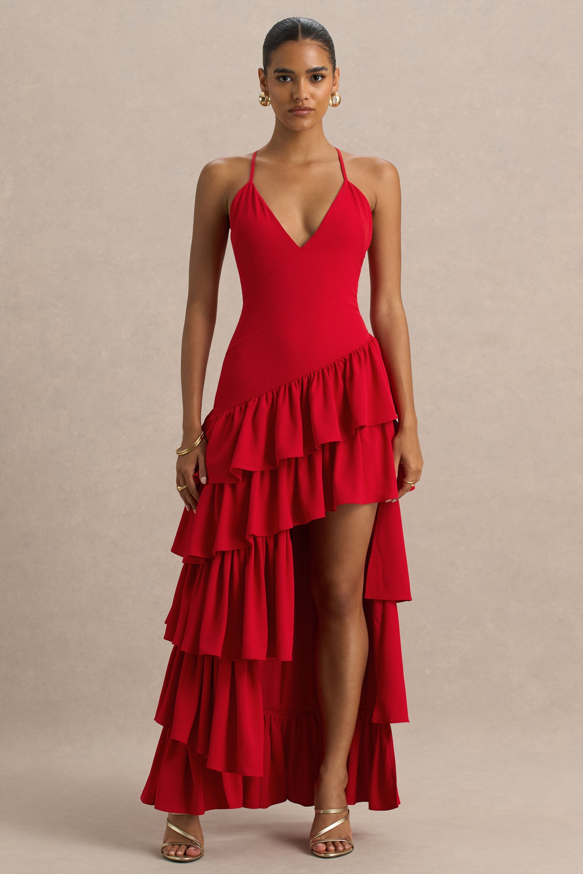 Bogota | Rotes Maxikleid mit V-Ausschnitt Rüschen-Details und hohem Frontschlitz