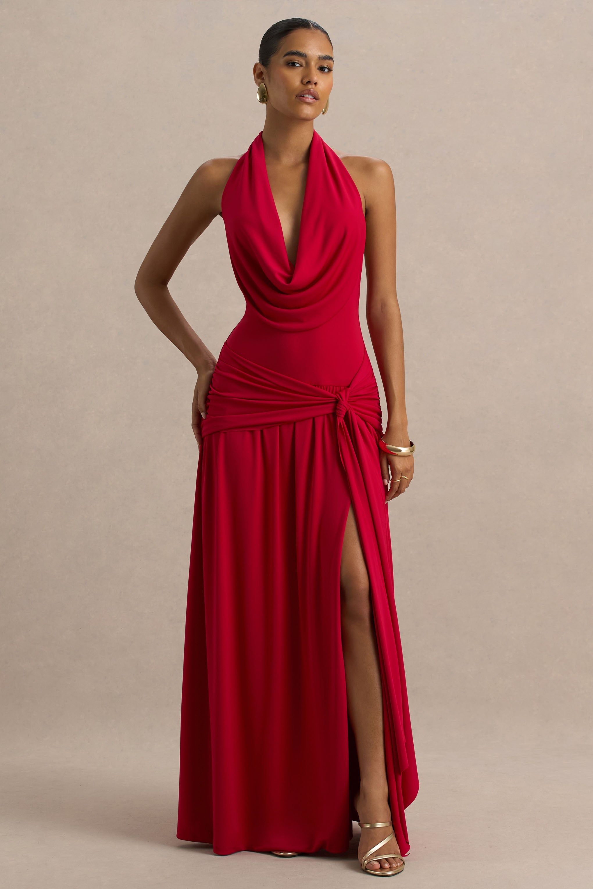 Mist | Rotes Maxikleid mit tiefem Ausschnitt und hohem Frontschlitz