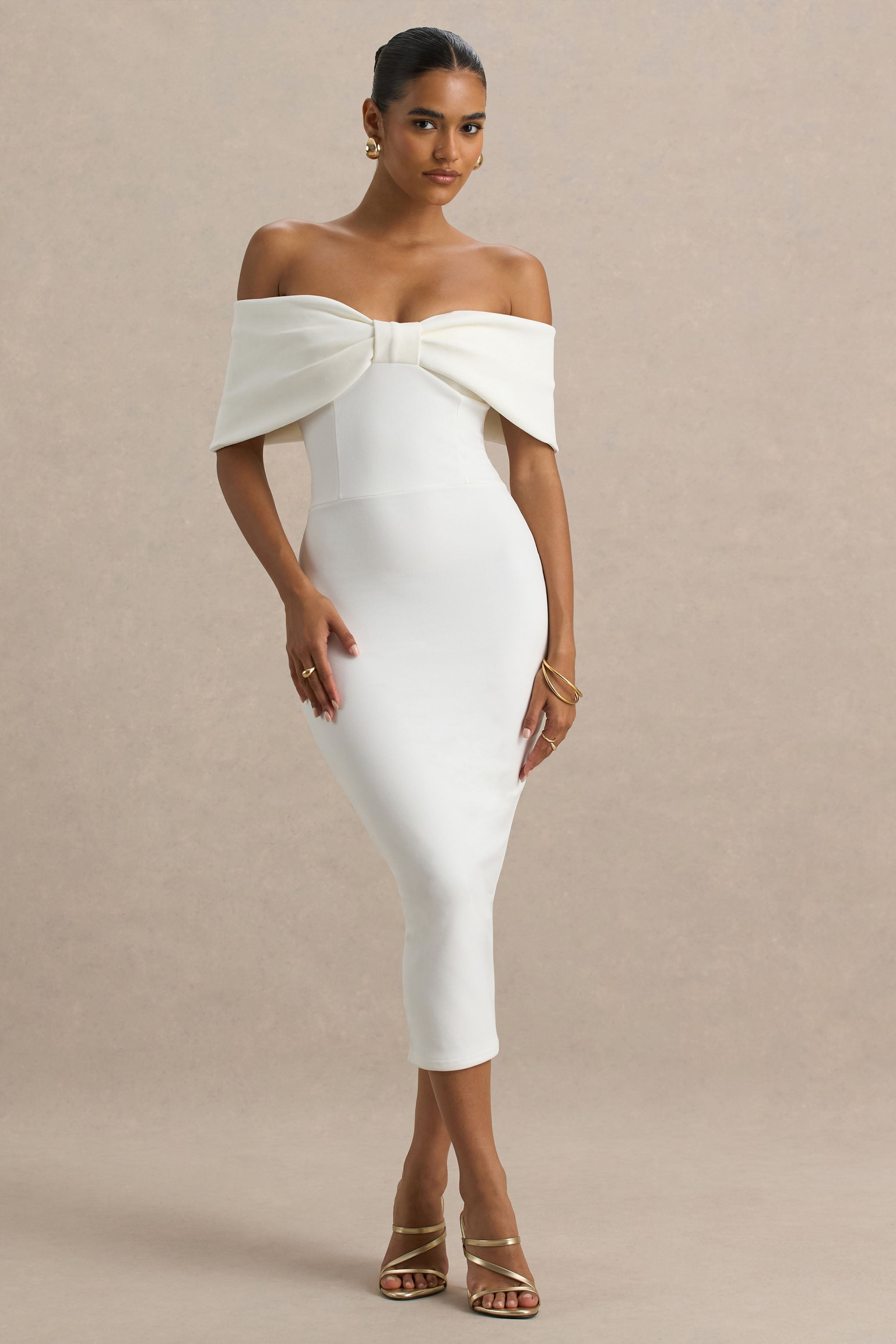 Bayshore | Weißes Bardot-Midikleid mit Schleife