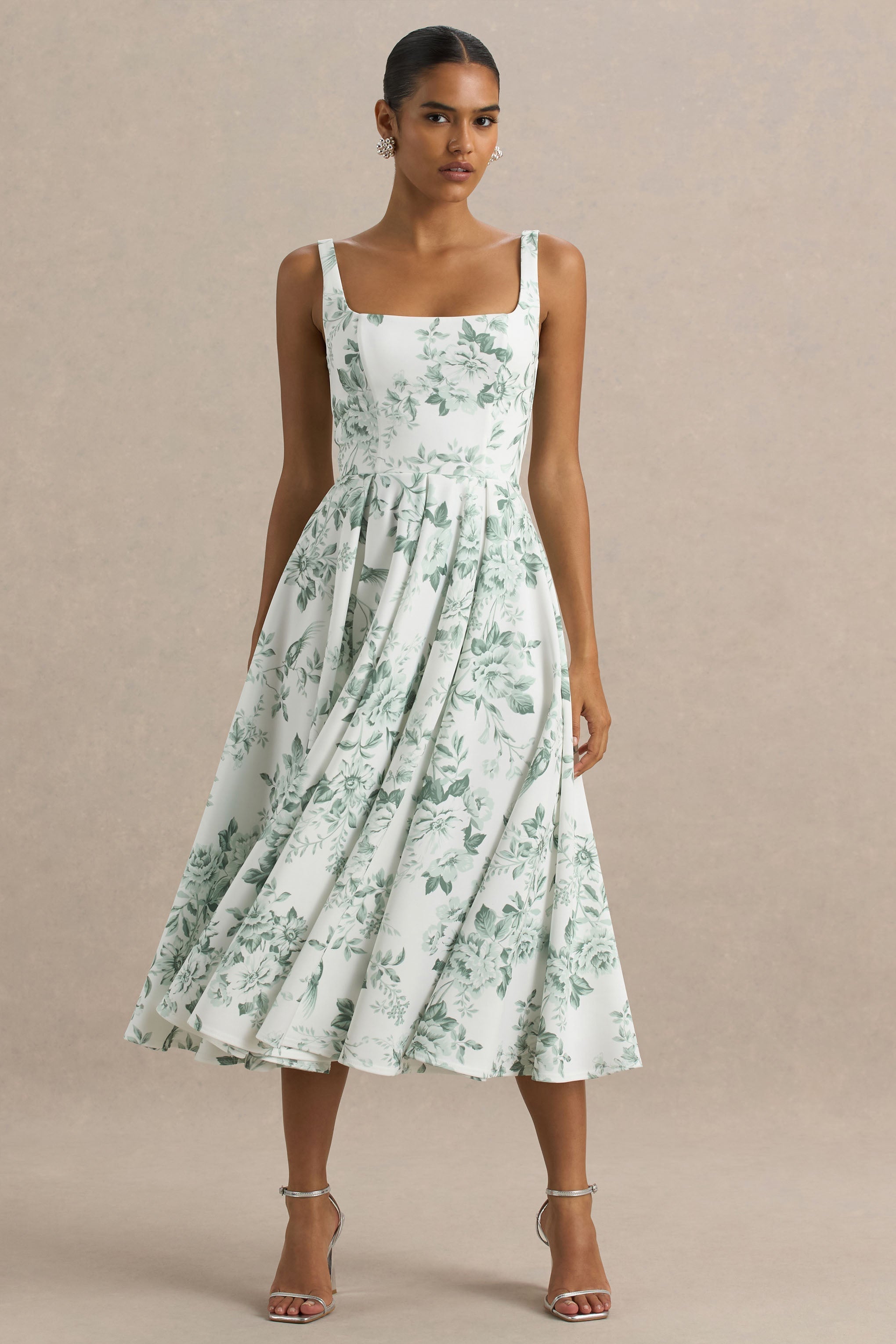Lissa | Grünes Midikleid mit Porzellan-Print und quadratischem Ausschnitt
