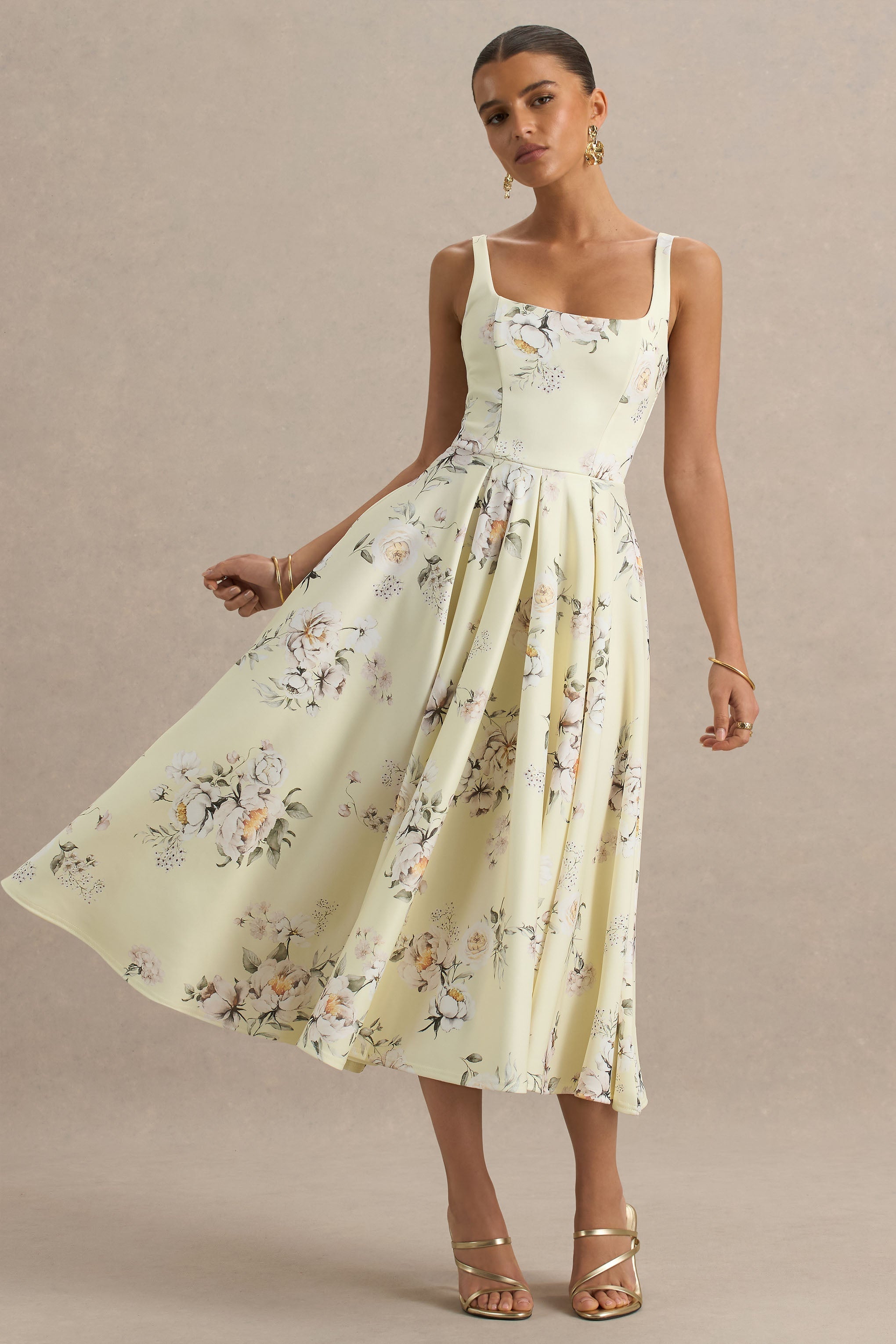 Lissa | Zitronen-Blumenstrauß-Print Midikleid mit eckigem Ausschnitt