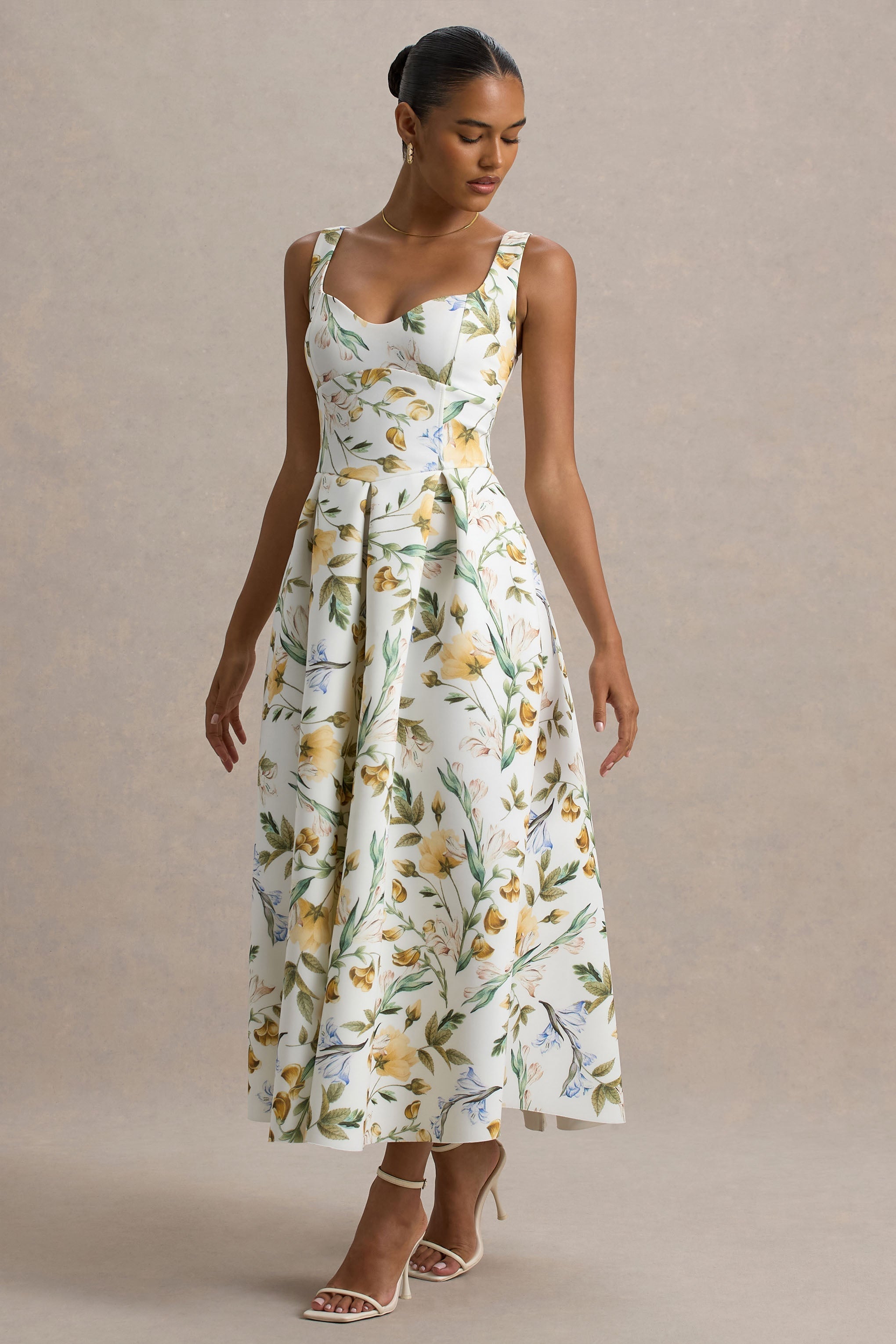 Rosemary | Midikleid mit Blumenmuster, Sweetheart-Ausschnitt und tief angesetzter Taille
