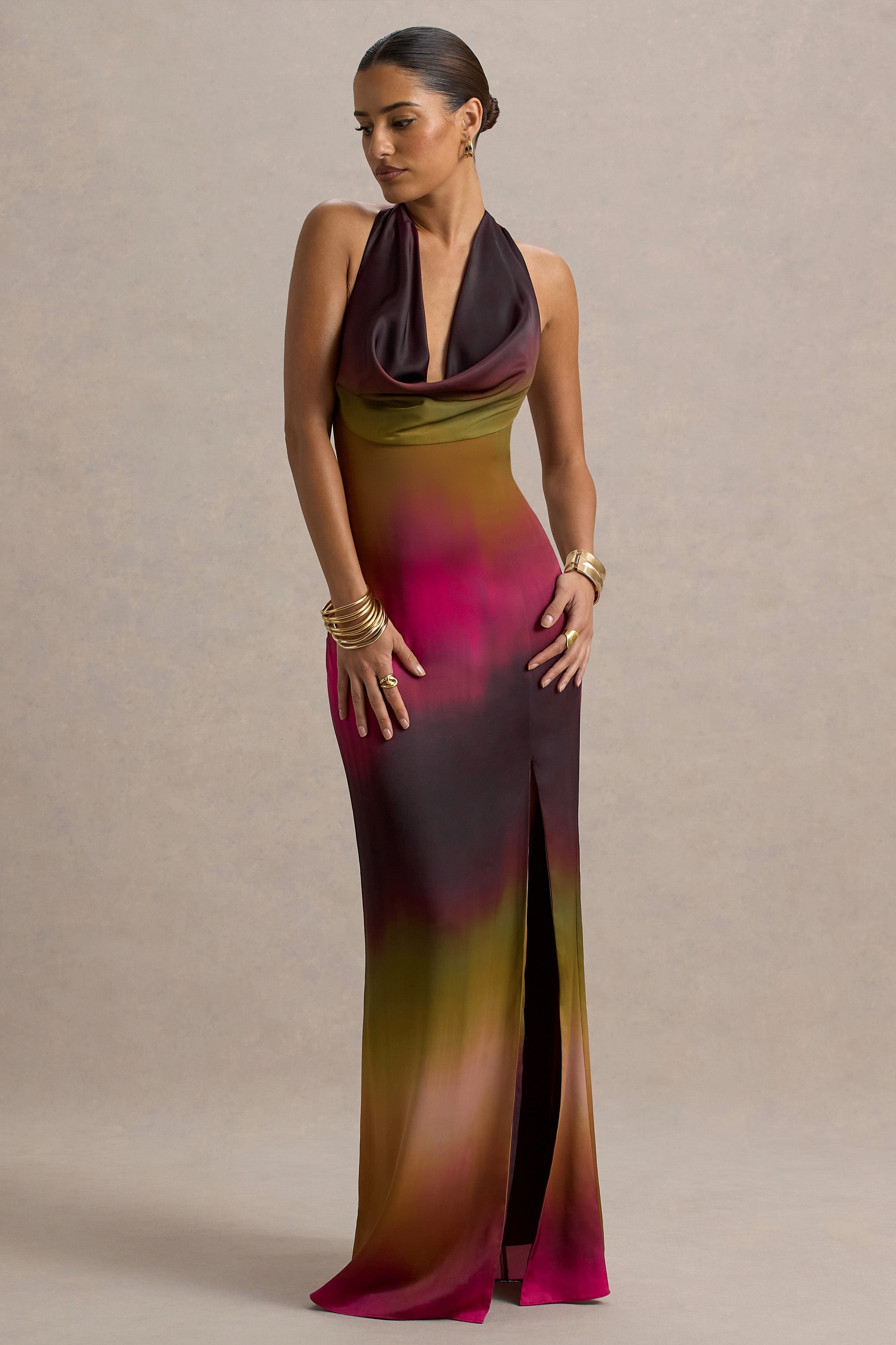 Fiorella | Ombre-Print-Kleid mit Wasserfallausschnitt und Schlitz im Maxistil