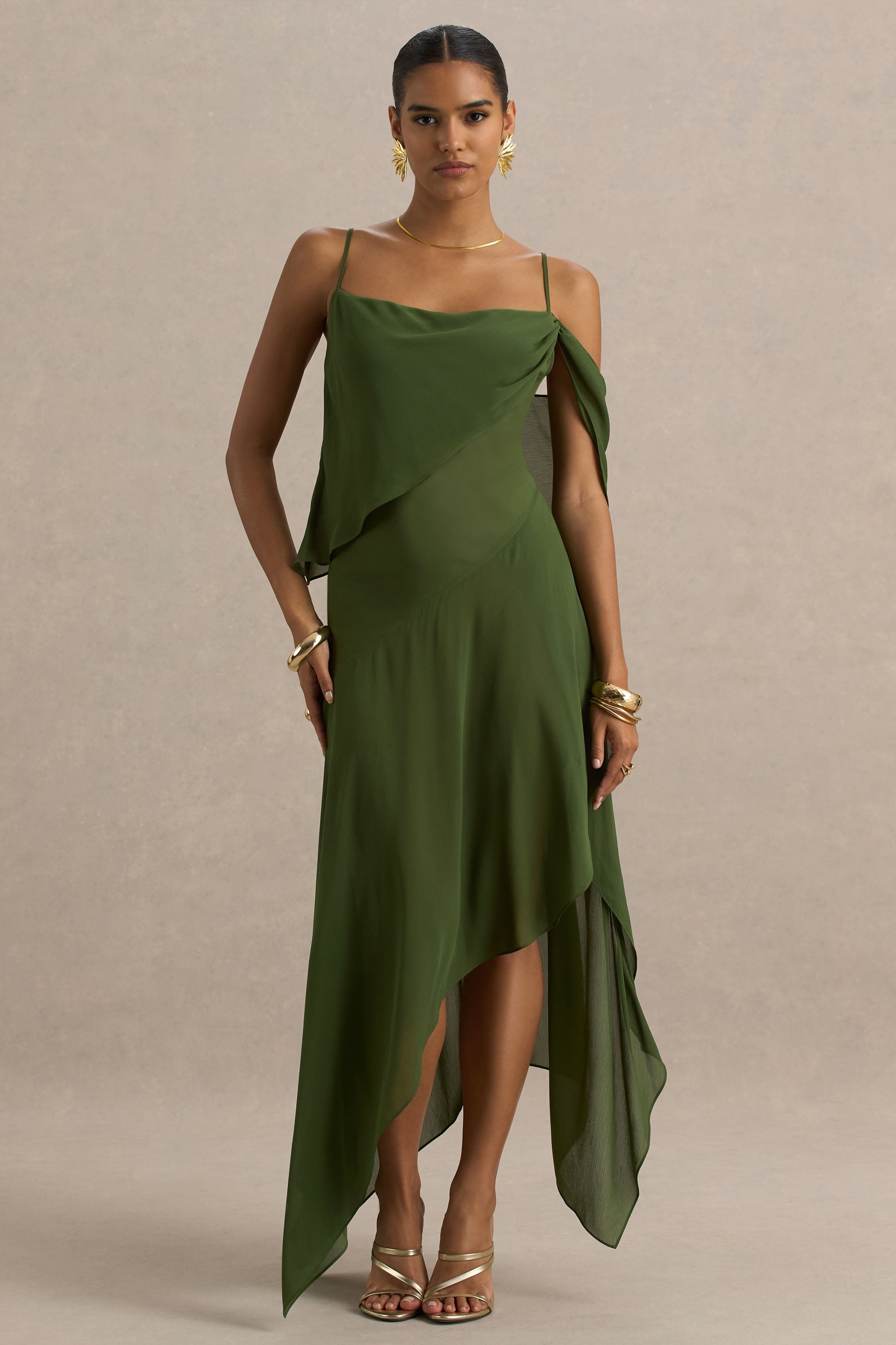 Tiara | Grünes asymmetrisches Midikleid mit Drapierung und offenem Rücken.