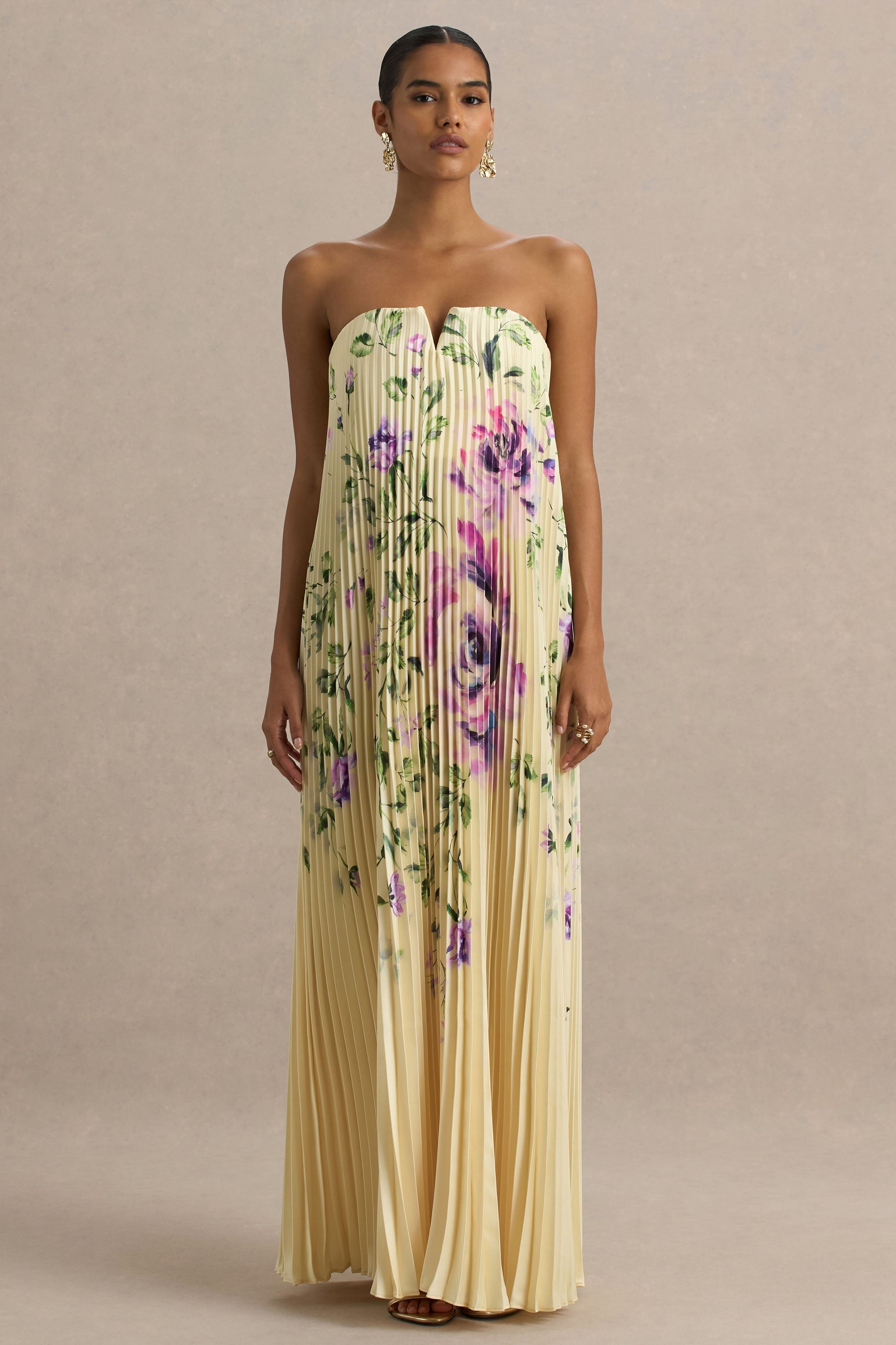 Bergamot | Maxikleid aus Satin mit Rosenmuster und Sweetheart-Ausschnitt.