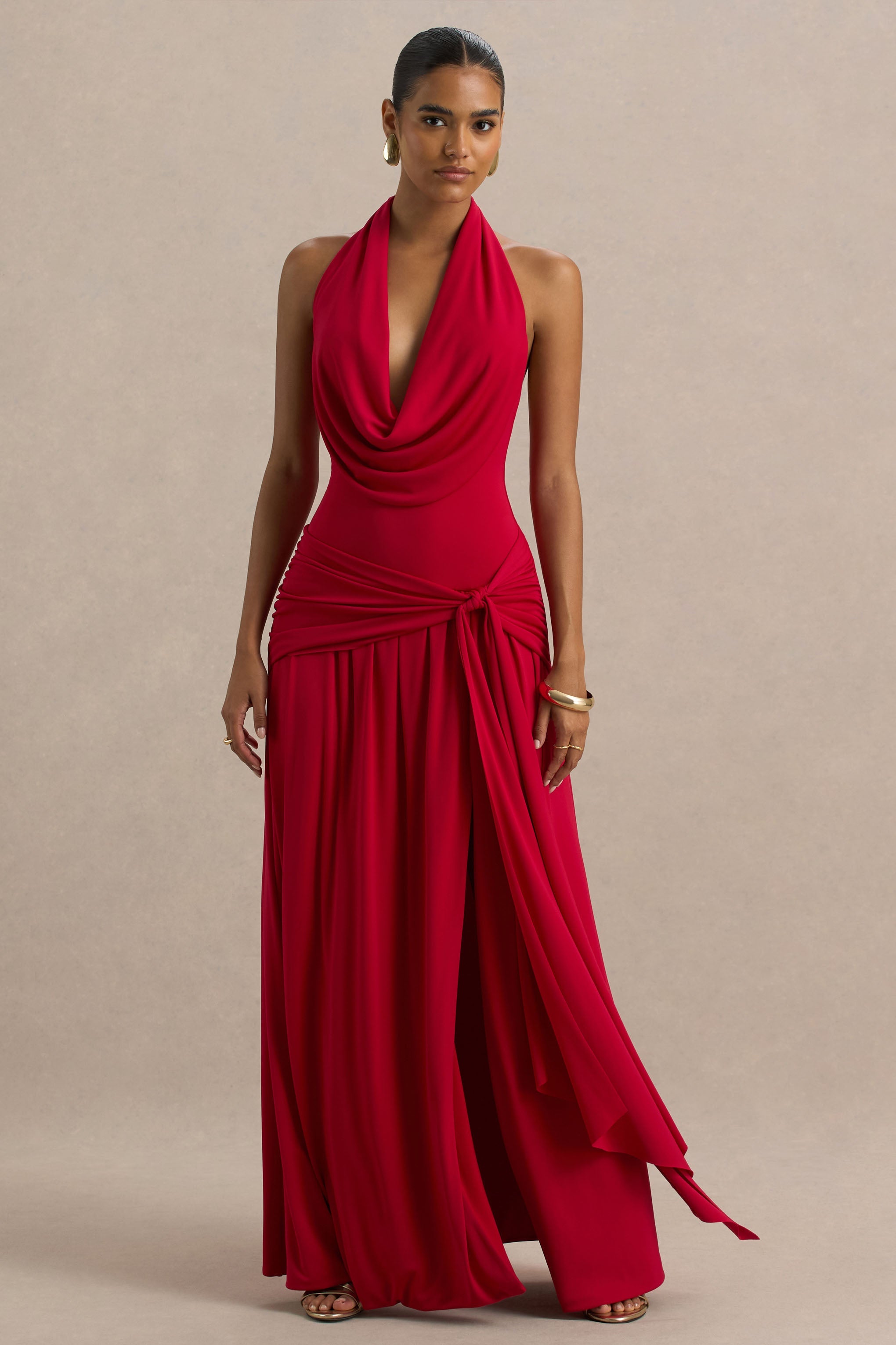 Mist | Rotes Maxikleid mit tiefem Ausschnitt und hohem Frontschlitz