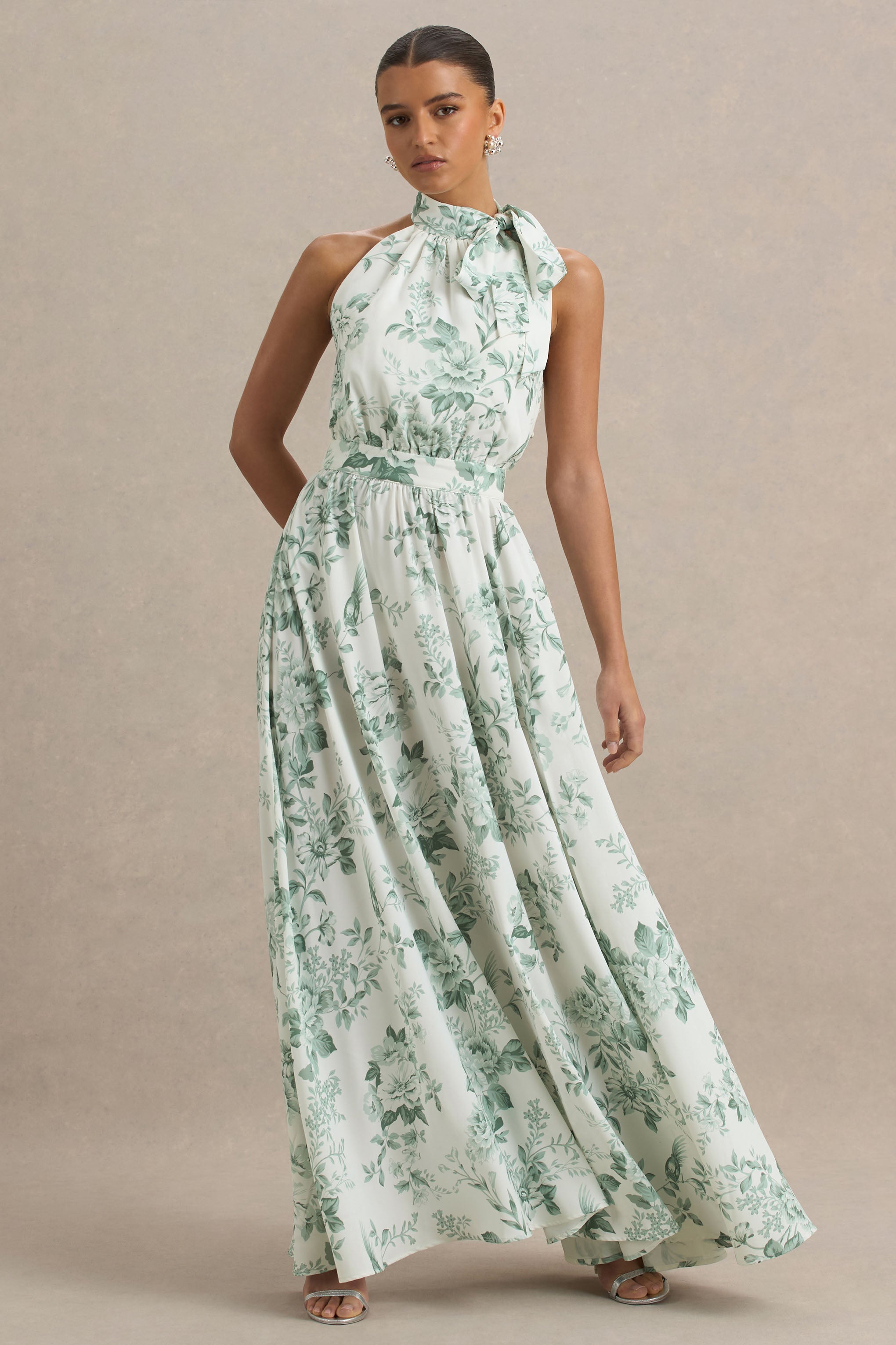 Talia | Grünes Maxikleid mit Blumenmuster, hohem Kragen und hohem Beinschlitz