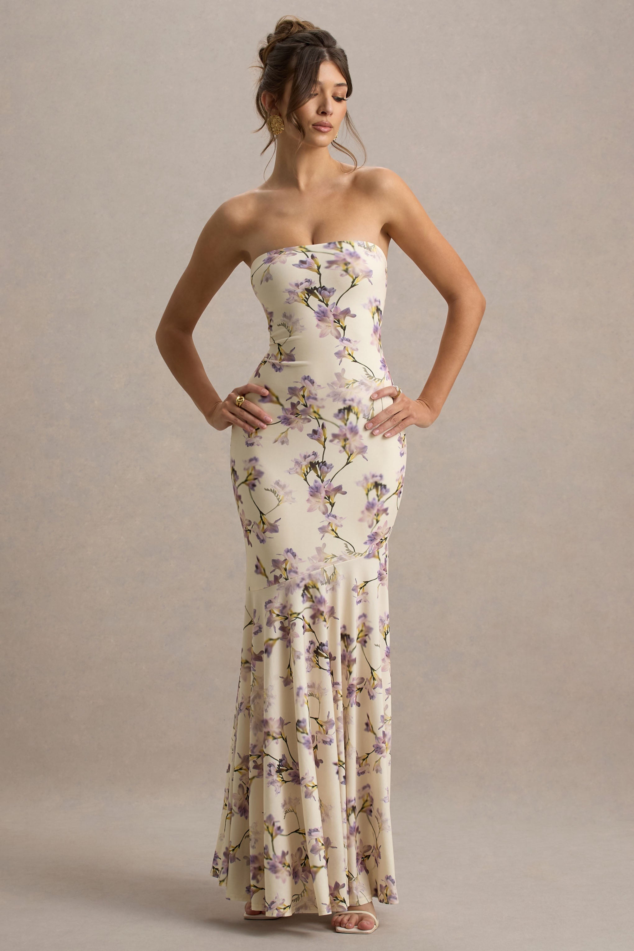 Callie | Zitronengelbes Bandeau-Maxikleid mit Blumenmuster und Fischschwanz-Schnitt
