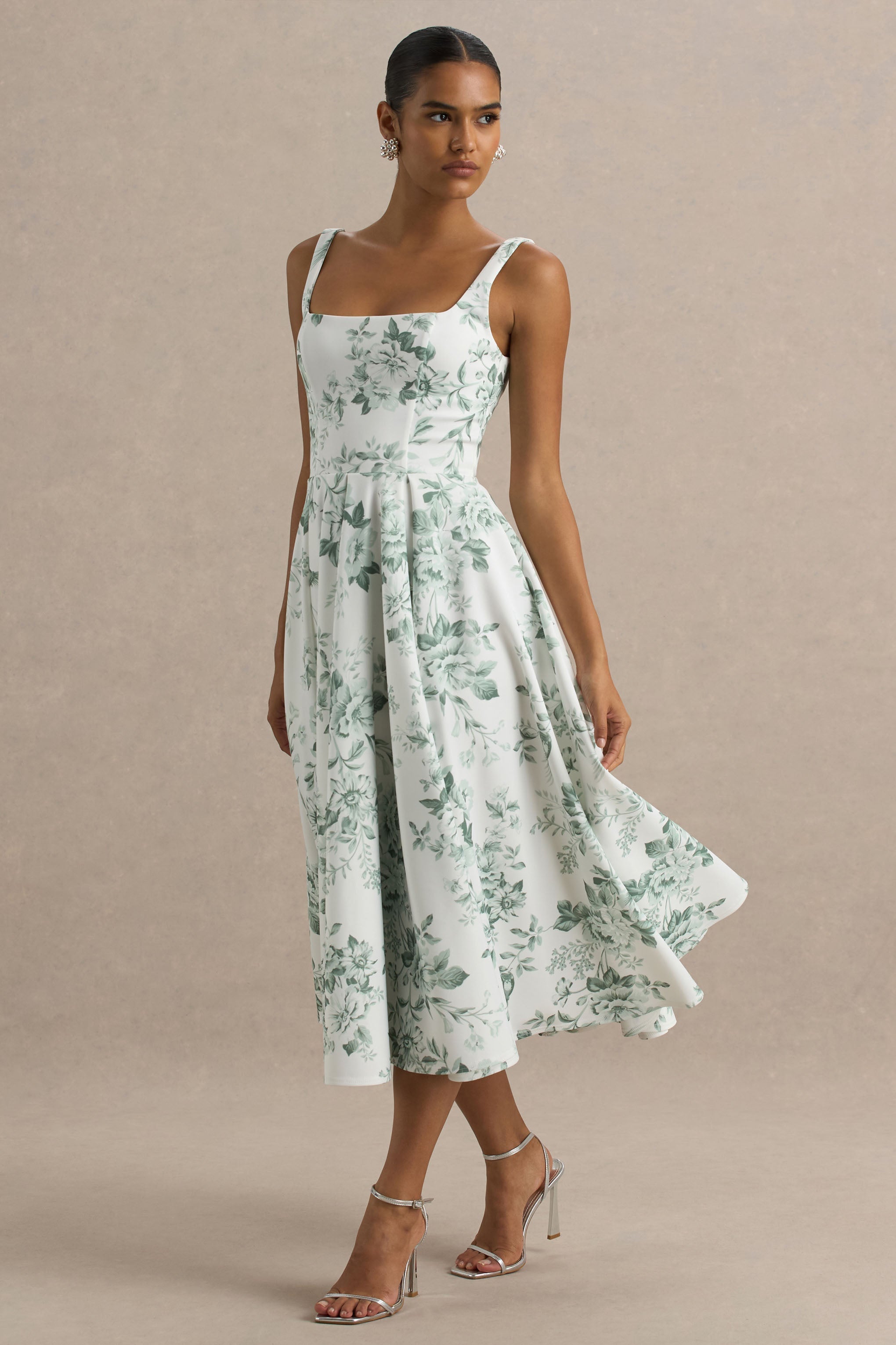 Lissa | Grünes Midikleid mit Porzellan-Print und quadratischem Ausschnitt