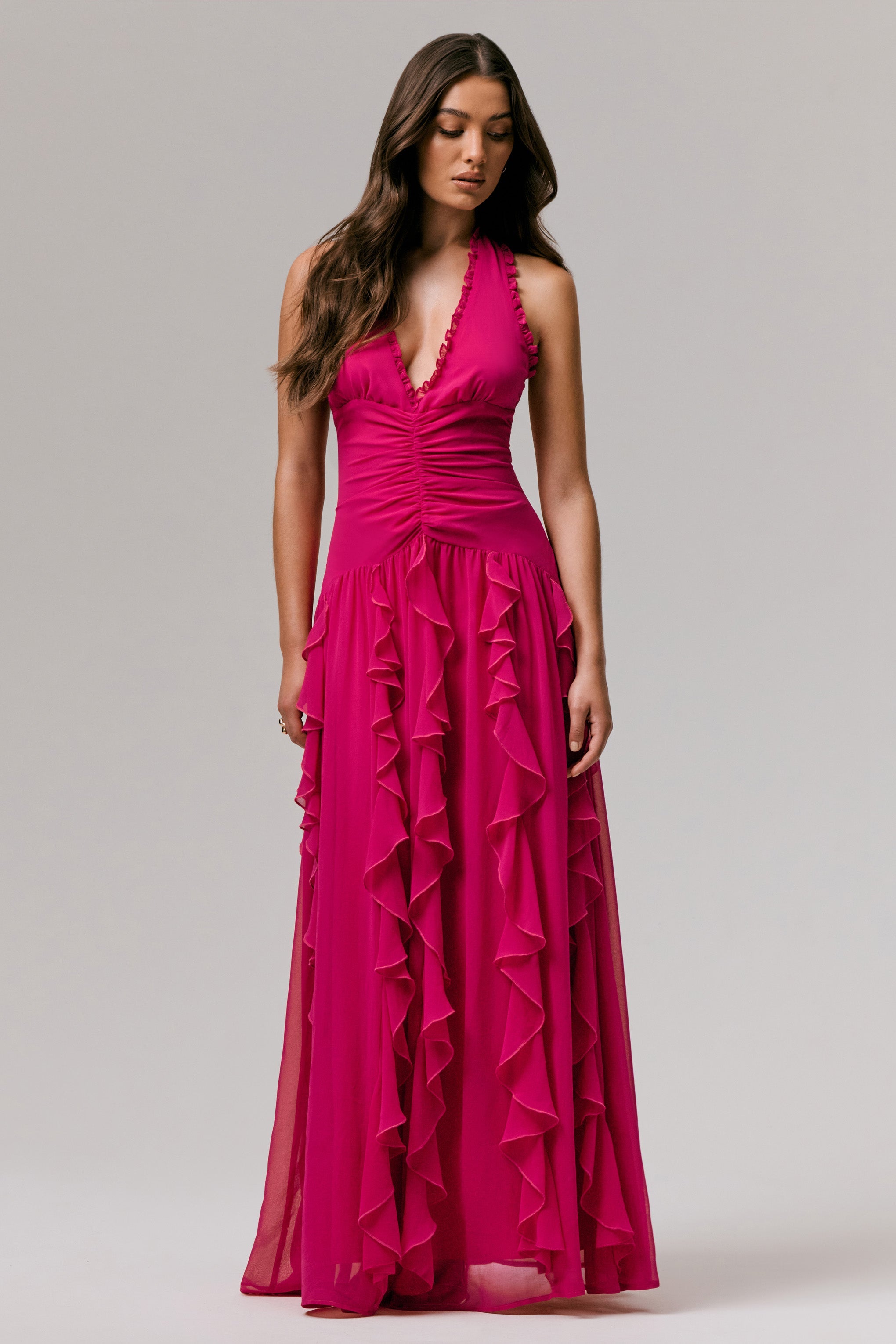Bea | Knallpinkes Maxikleid mit tiefem V-Ausschnitt und Volants