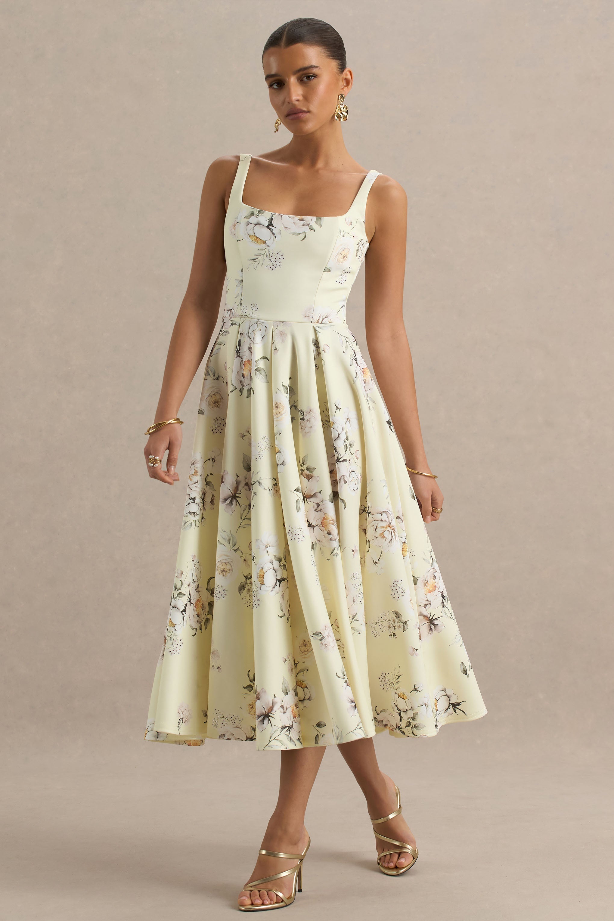 Lissa | Zitronen-Blumenstrauß-Print Midikleid mit eckigem Ausschnitt