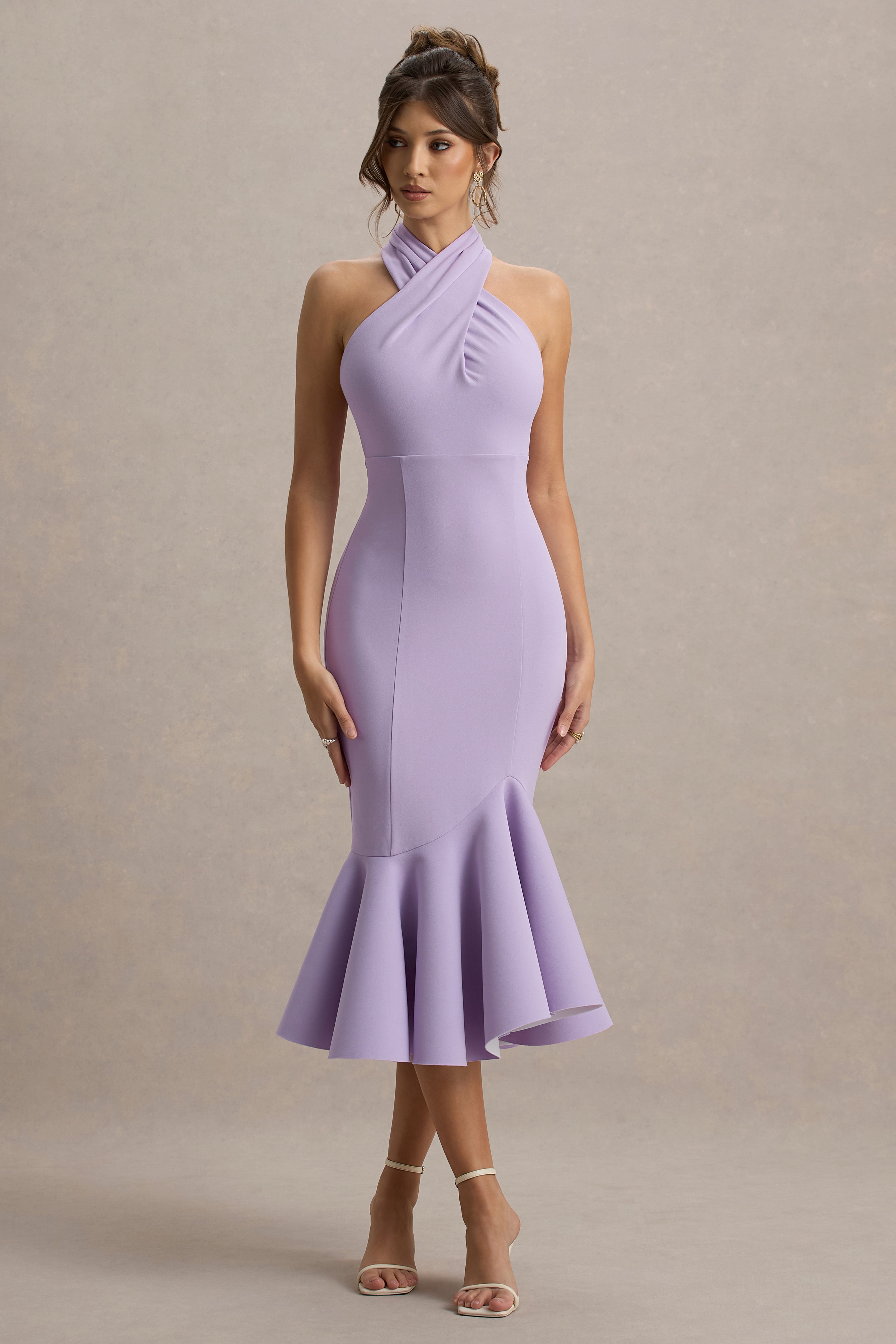 Valletta | Fliederfarbenes Halterneck-Midikleid mit Rüschenbesatz