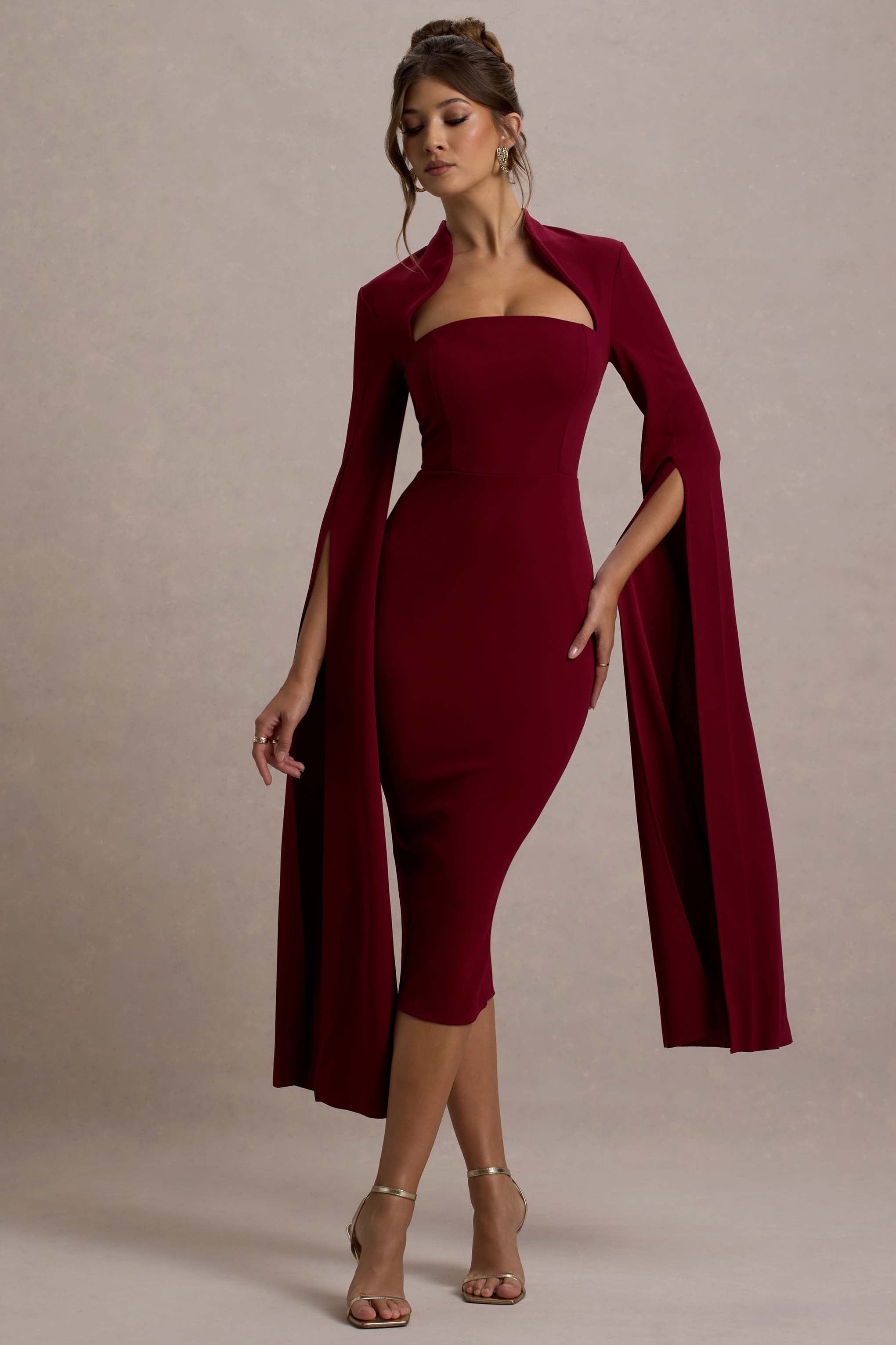 Linden | Berry Bodycon-Midikleid mit Umhangärmeln