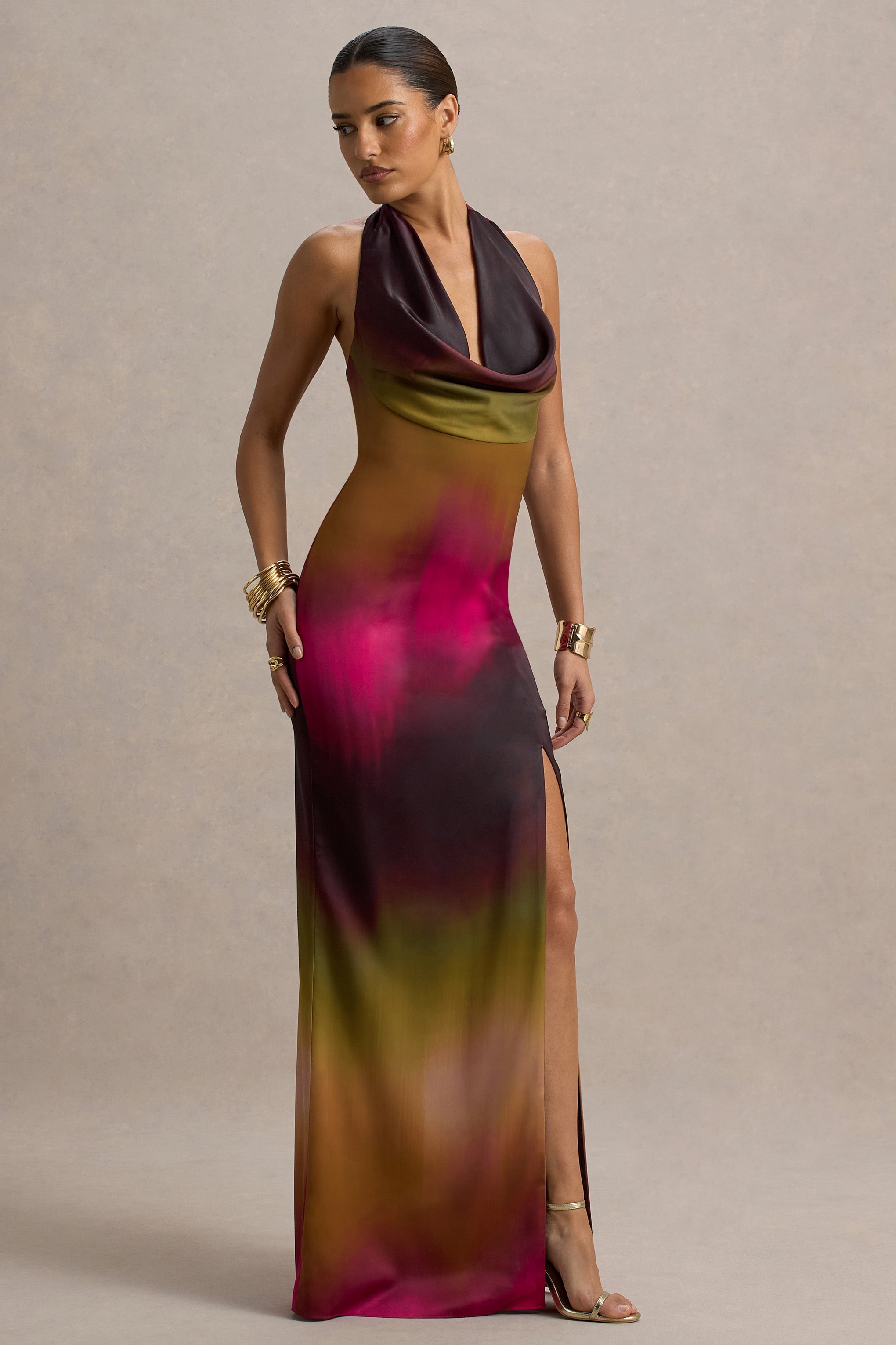 Fiorella | Ombre-Print-Kleid mit Wasserfallausschnitt und Schlitz im Maxistil