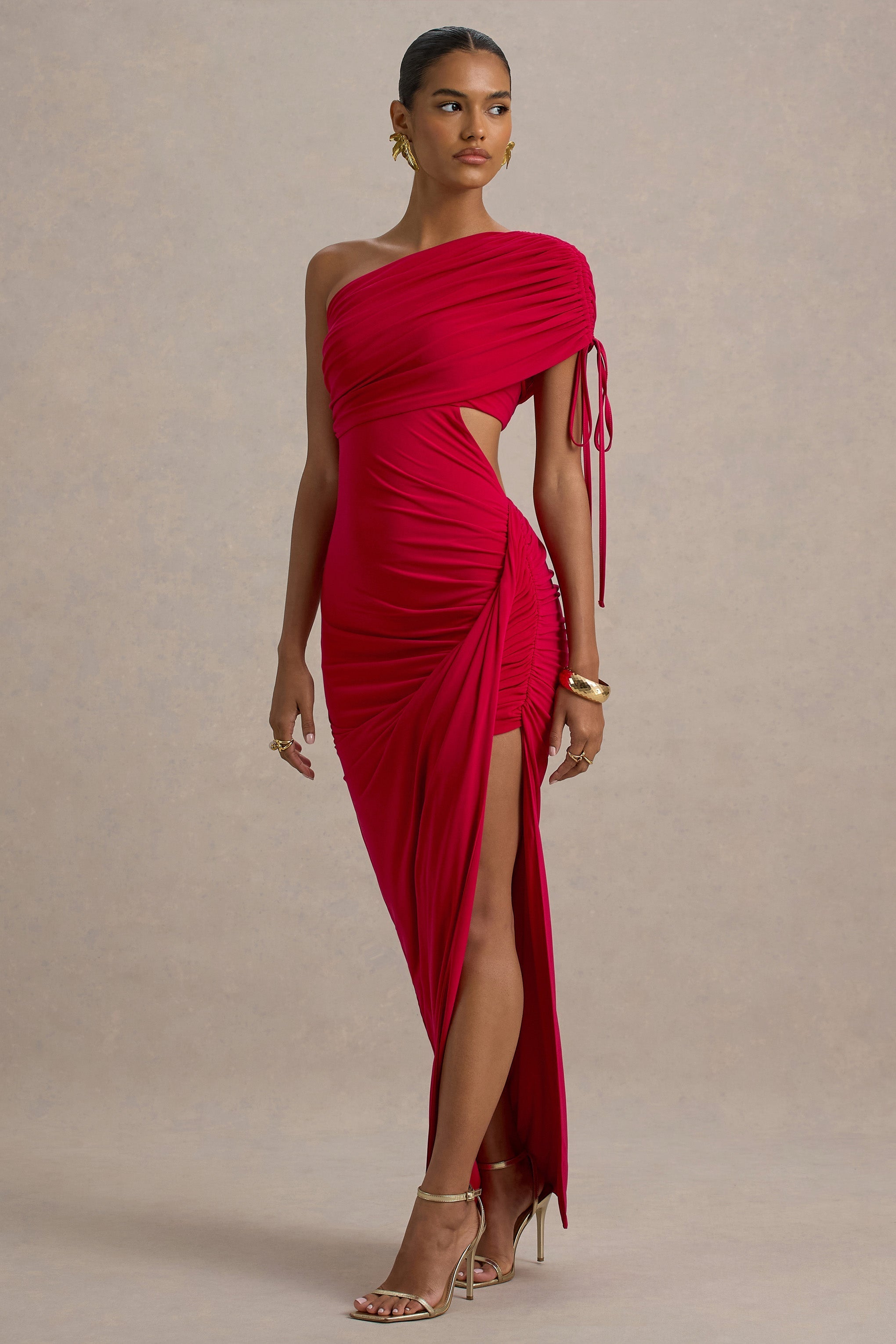 Trance | Rotes asymmetrisches Maxikleid mit Schlitz
