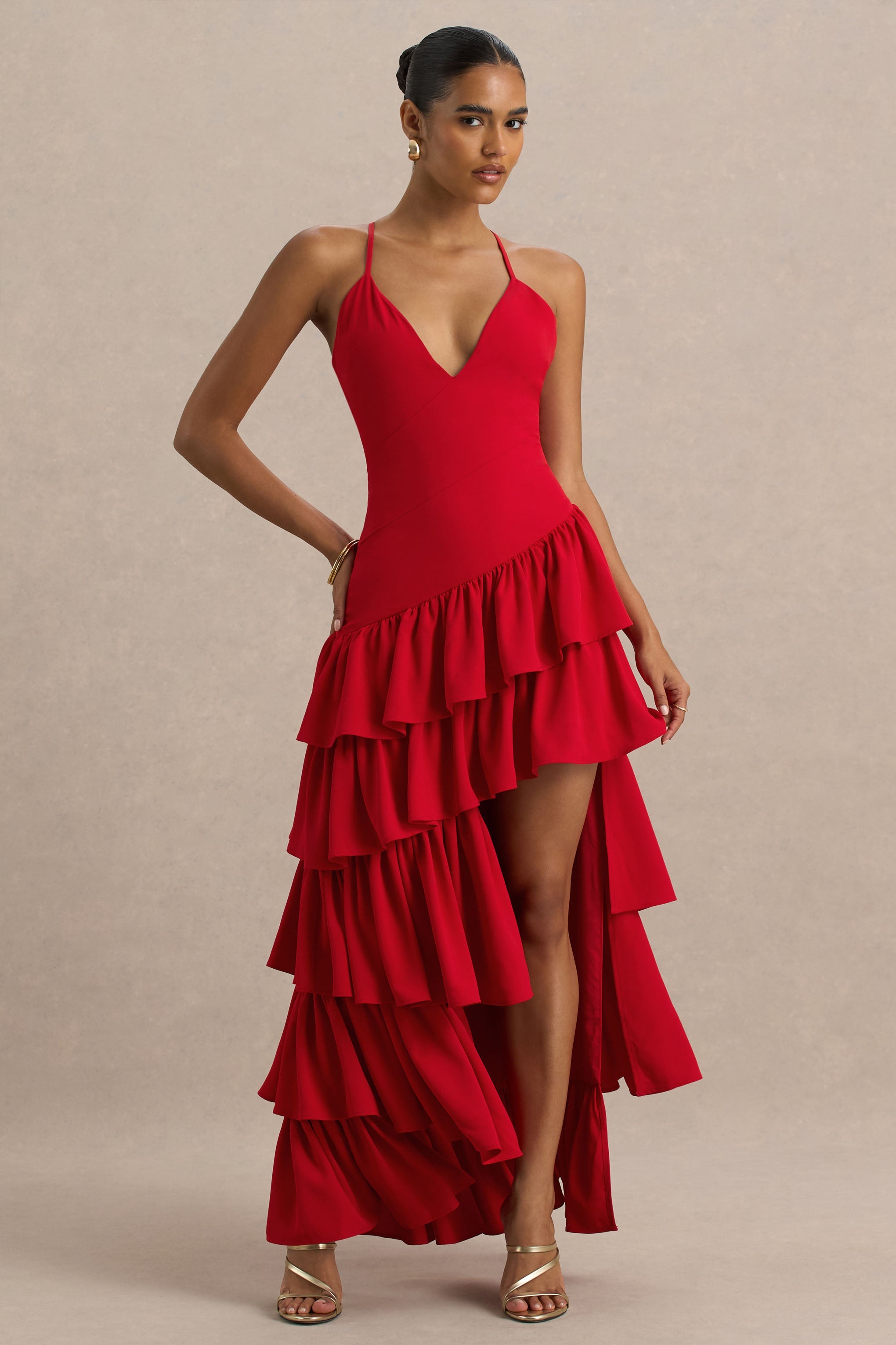 Bogota | Rotes Maxikleid mit V-Ausschnitt Rüschen-Details und hohem Frontschlitz