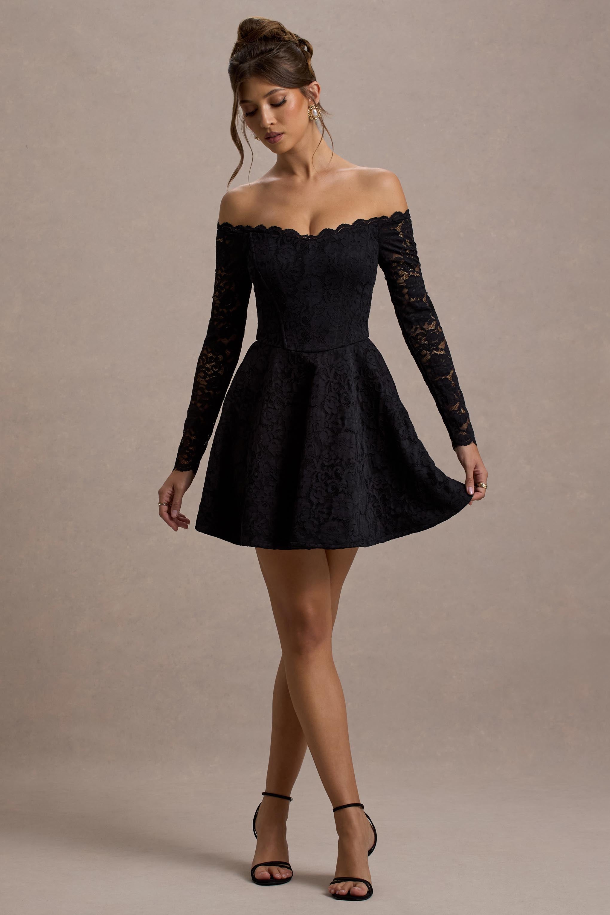 Alliste | Schwarzes Bardot Minikleid aus Spitze