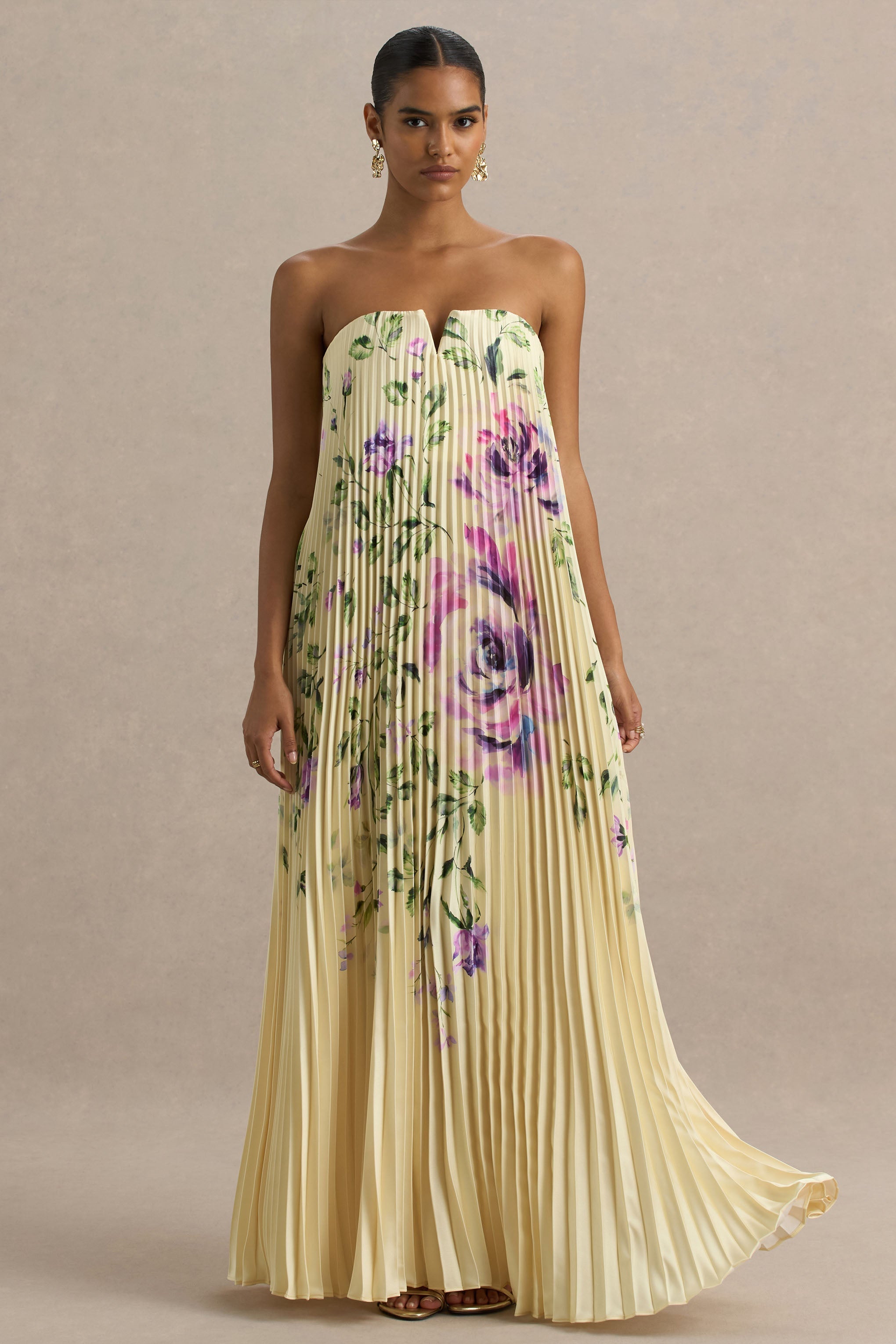 Bergamot | Maxikleid aus Satin mit Rosenmuster und Sweetheart-Ausschnitt.