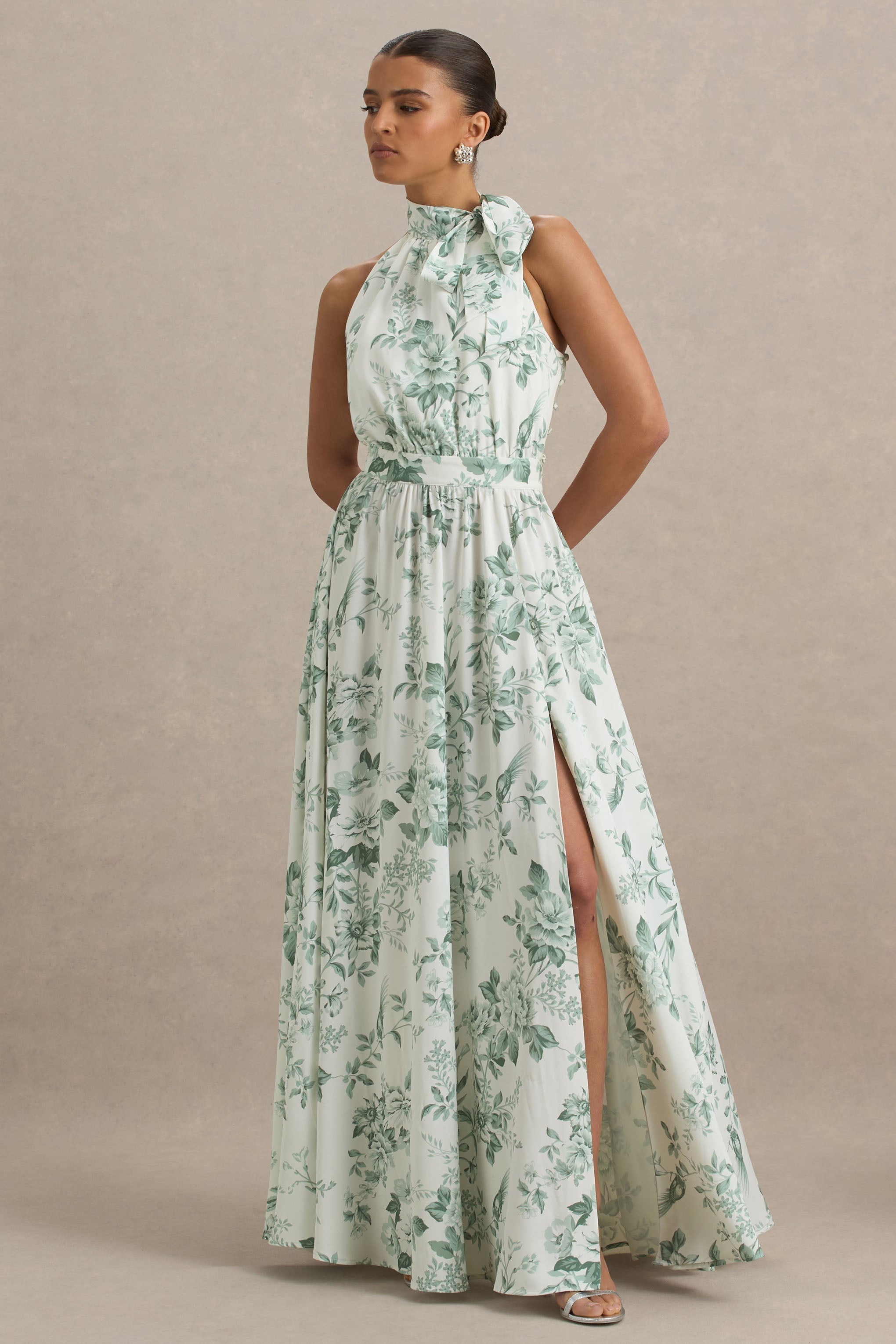 Talia | Grünes Maxikleid mit Blumenmuster, hohem Kragen und hohem Beinschlitz