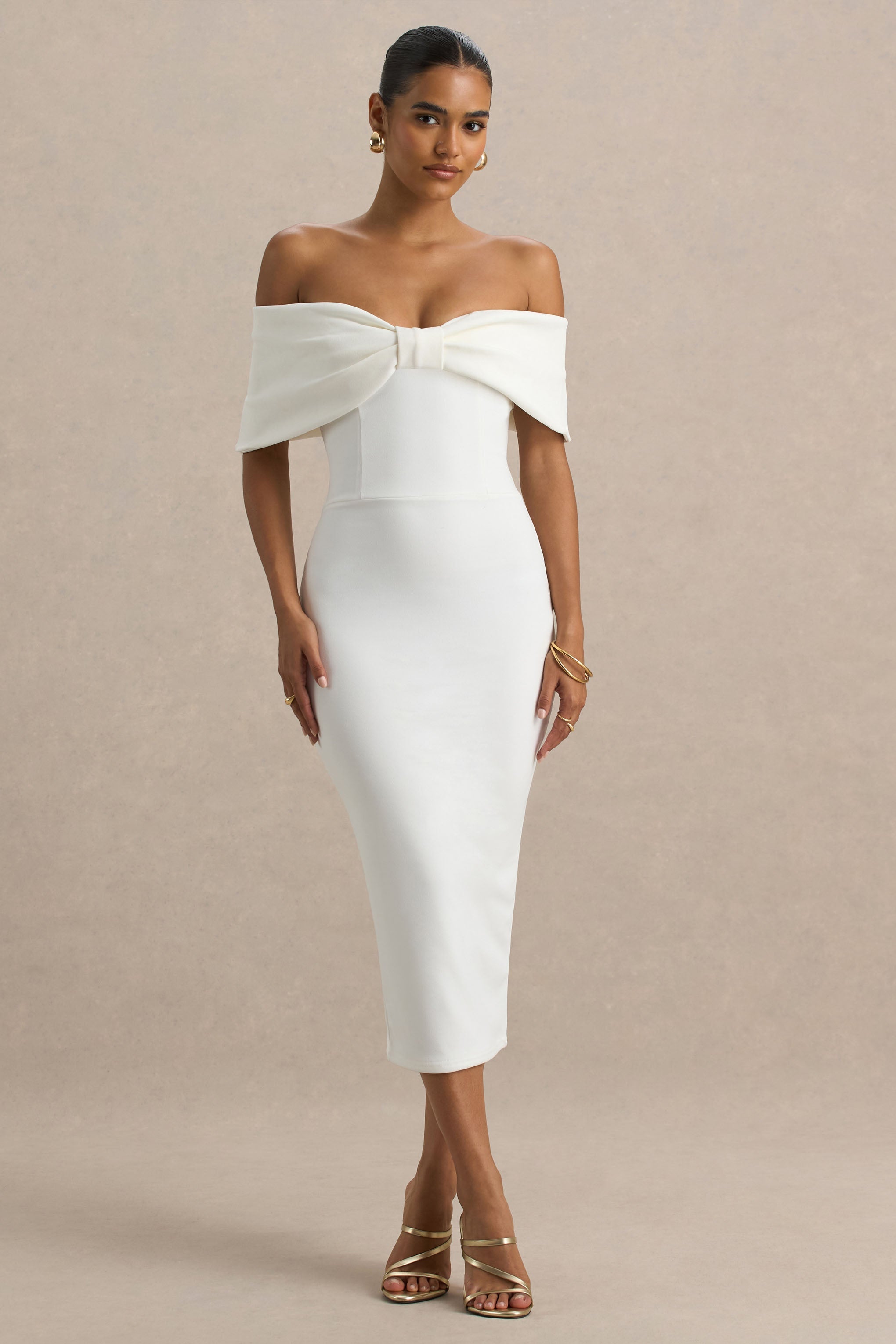 Bayshore | Weißes Bardot-Midikleid mit Schleife