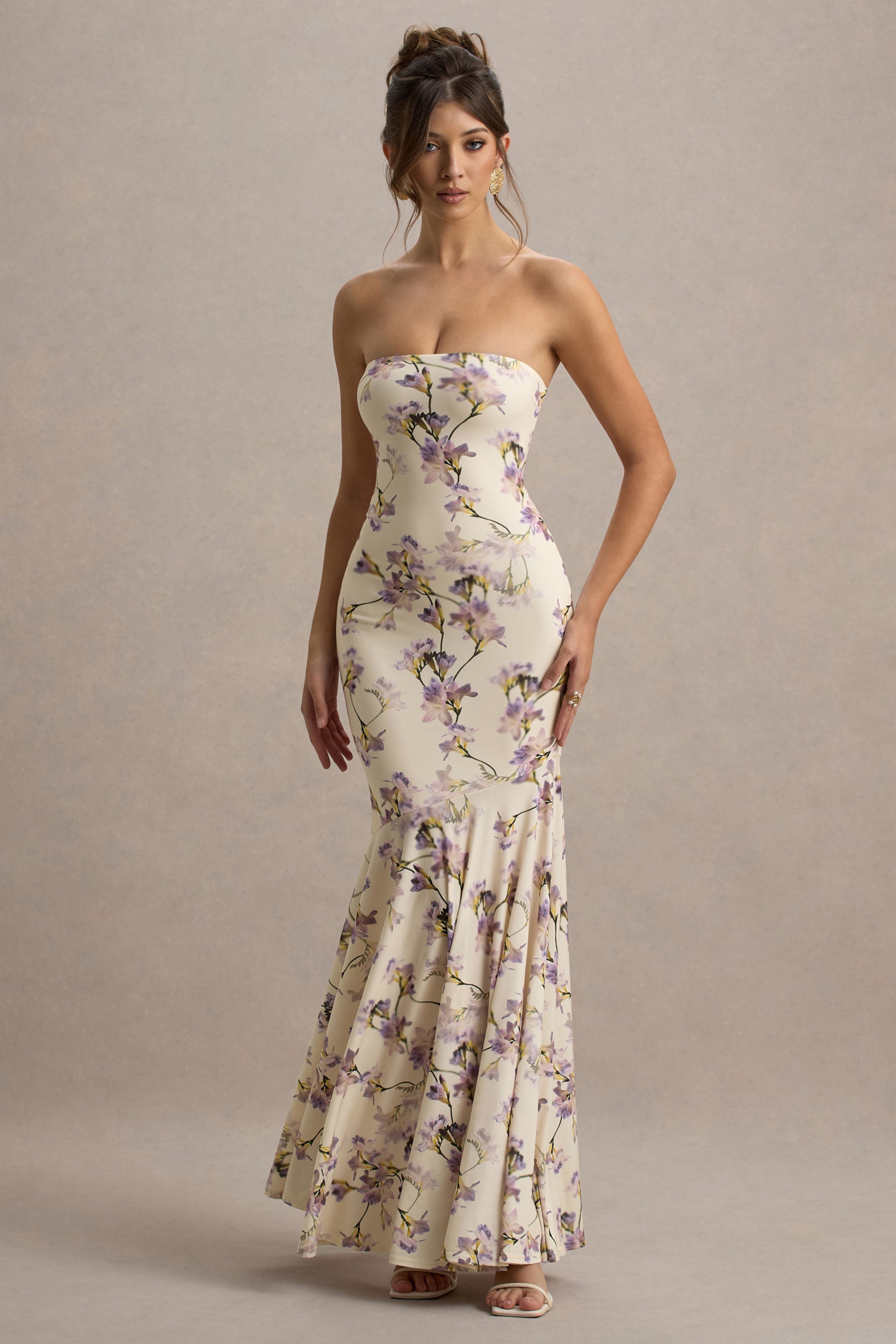 Callie | Zitronengelbes Bandeau-Maxikleid mit Blumenmuster und Fischschwanz-Schnitt