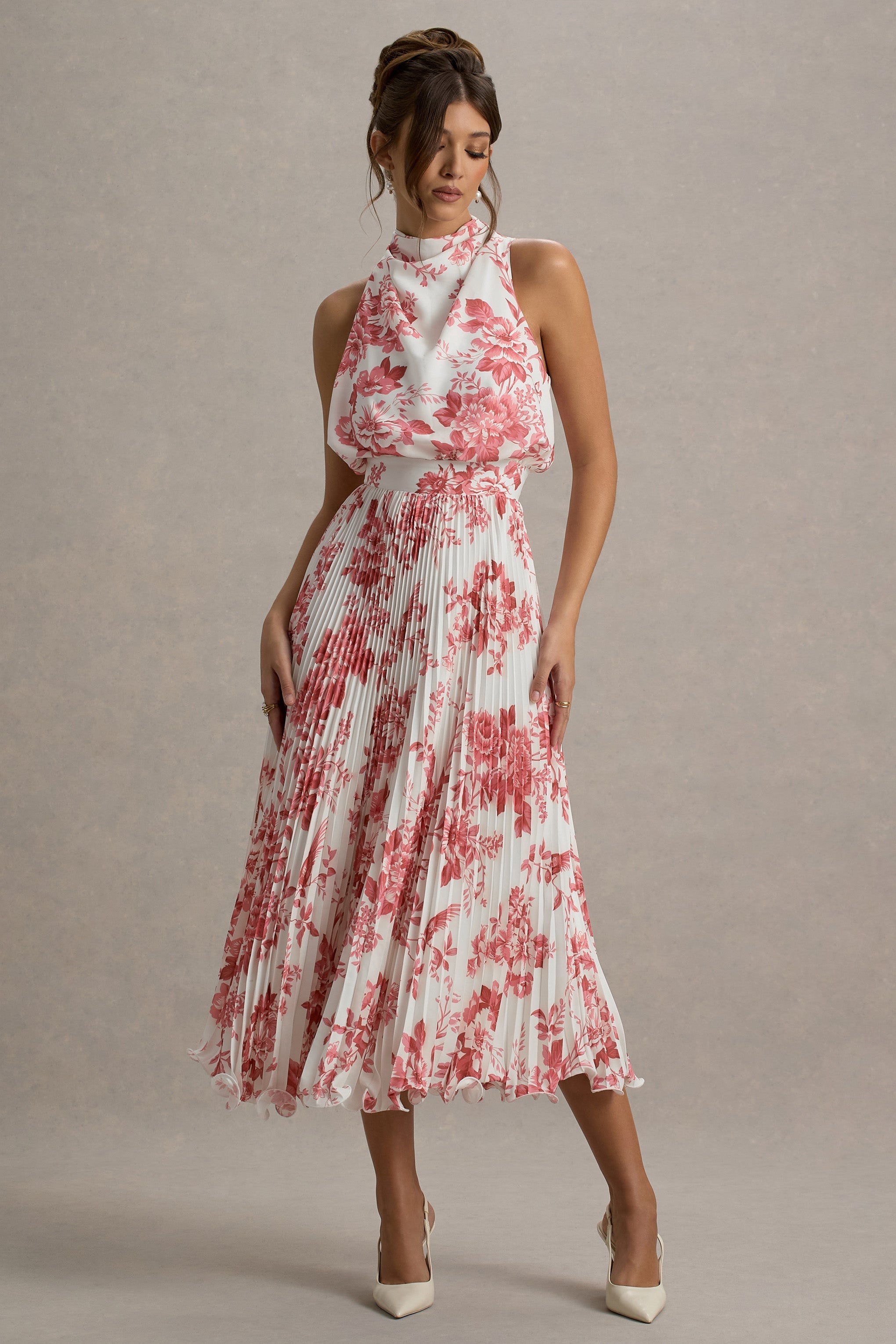 Nila | Rosa Porzellan-Druck Cowl-Neck Midikleid mit Plisseerock.