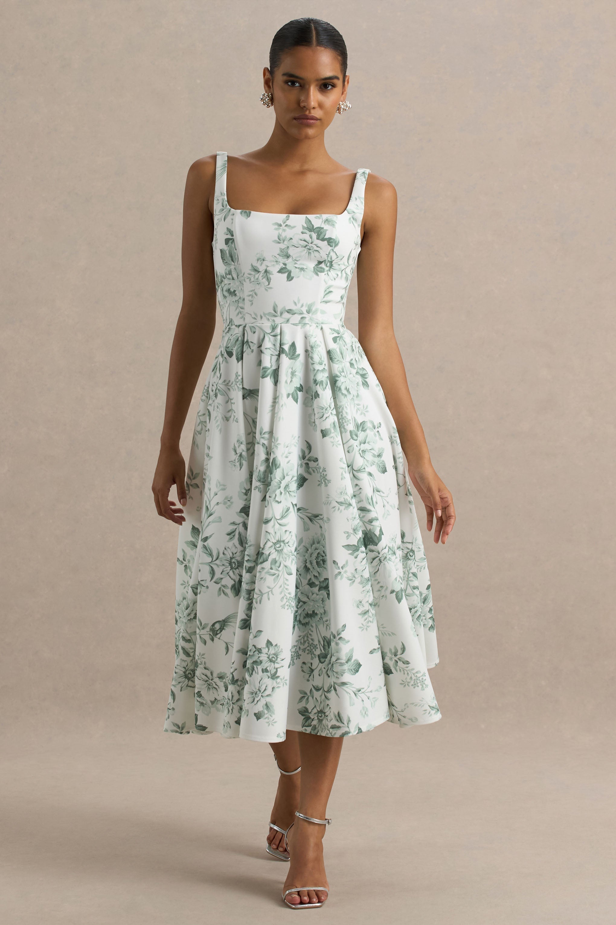 Lissa | Grünes Midikleid mit Porzellan-Print und quadratischem Ausschnitt