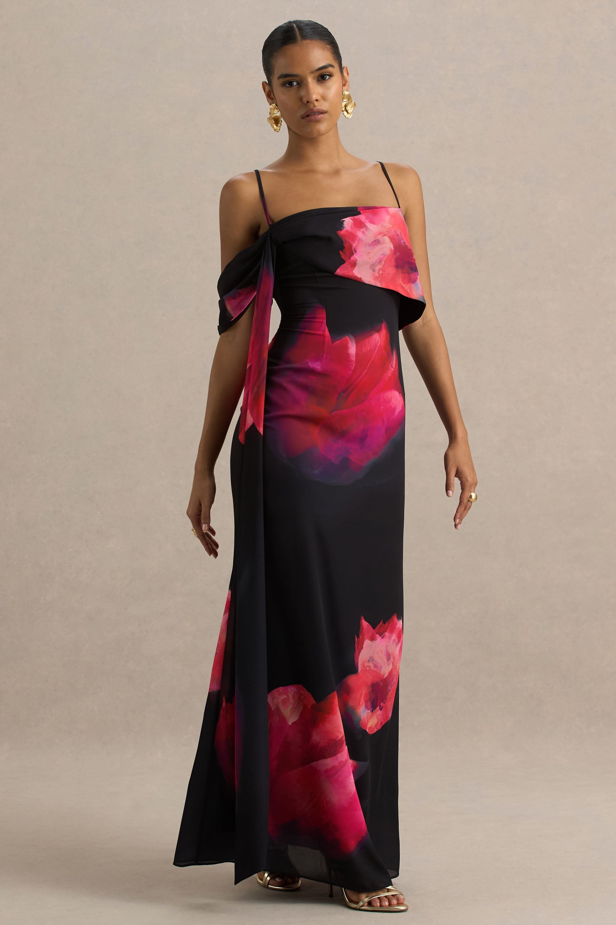 Leonara | Schwarz-rosa Blumenmuster-Maxikleid mit Wasserfallausschnitt und einem Ärmel