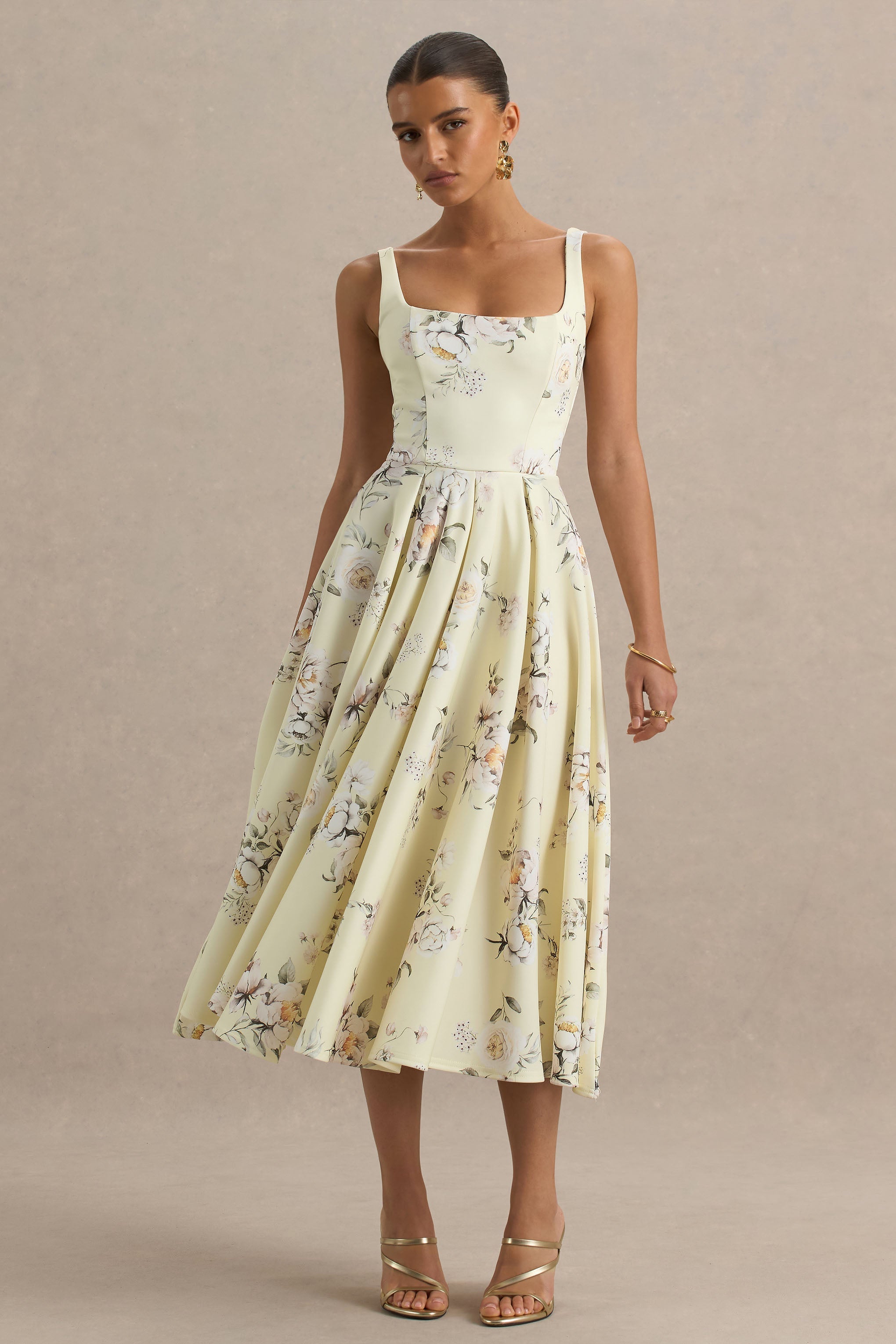 Lissa | Zitronen-Blumenstrauß-Print Midikleid mit eckigem Ausschnitt