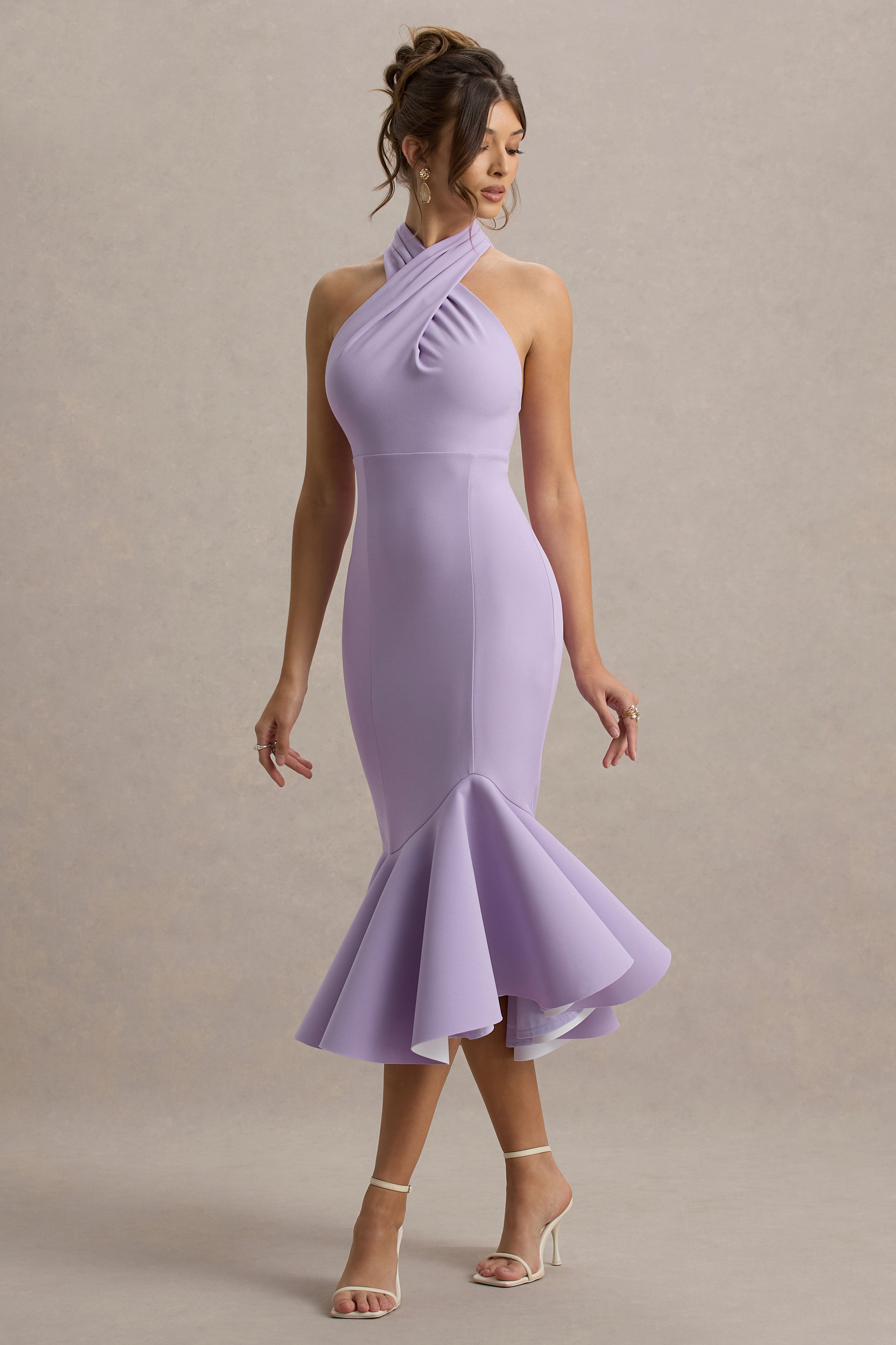 Valletta | Fliederfarbenes Halterneck-Midikleid mit Rüschenbesatz