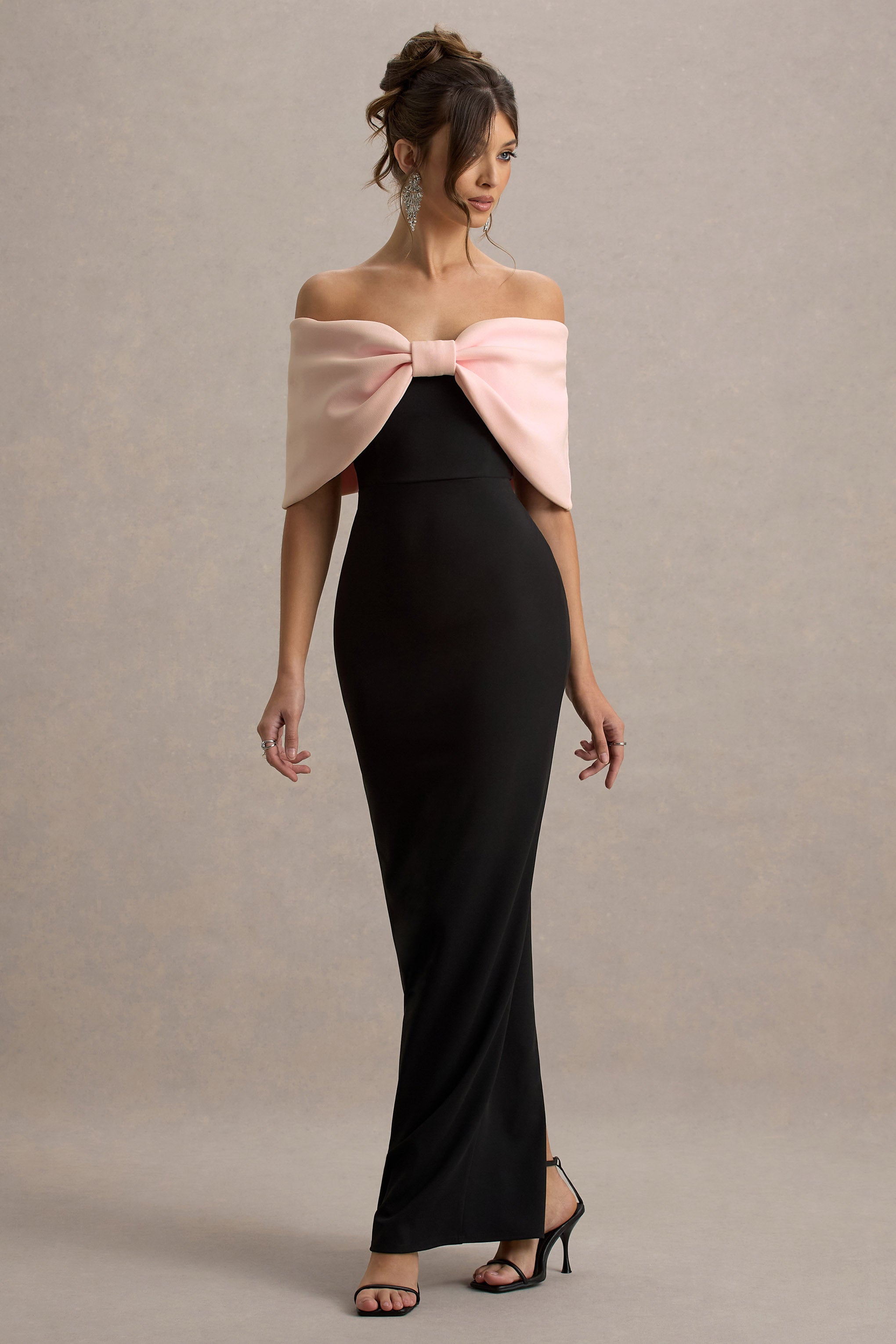 Cornelia | Rosa & Schwarzes Trägerloses Maxikleid mit Großer Schleife
