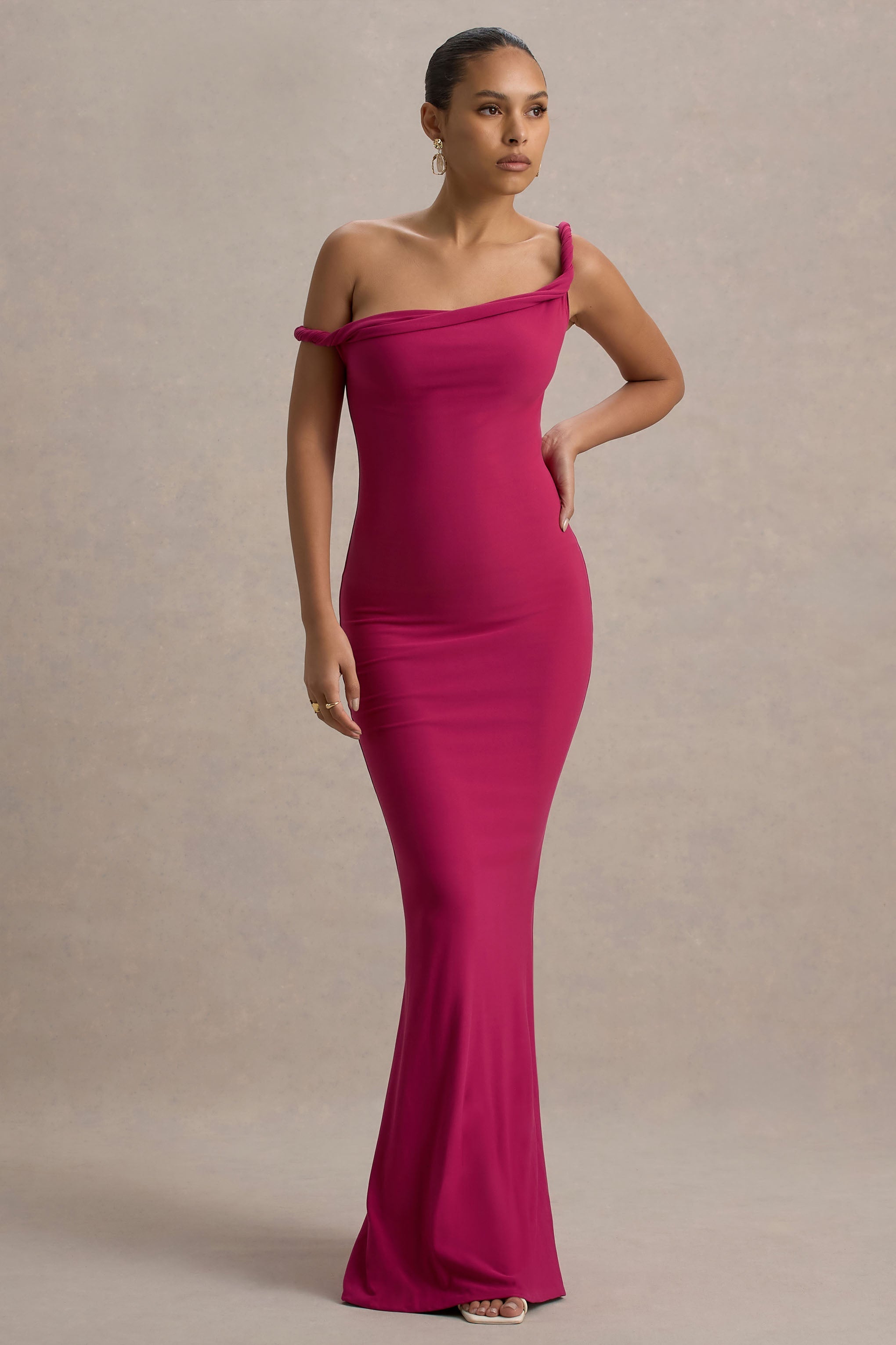 Lita | Hot Pink Asymmetrisches Maxikleid mit verdrehten Details