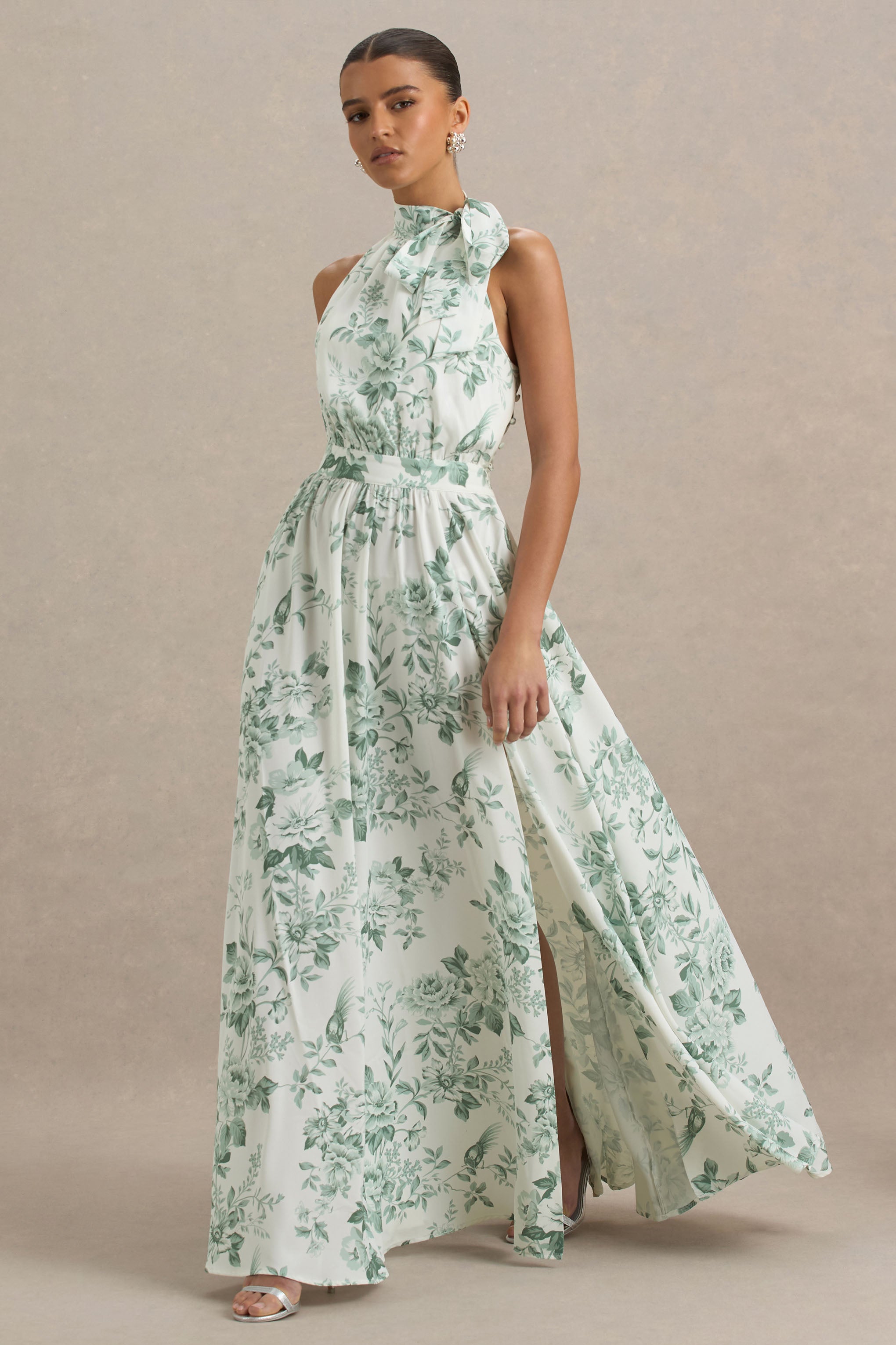 Talia | Grünes Maxikleid mit Blumenmuster, hohem Kragen und hohem Beinschlitz