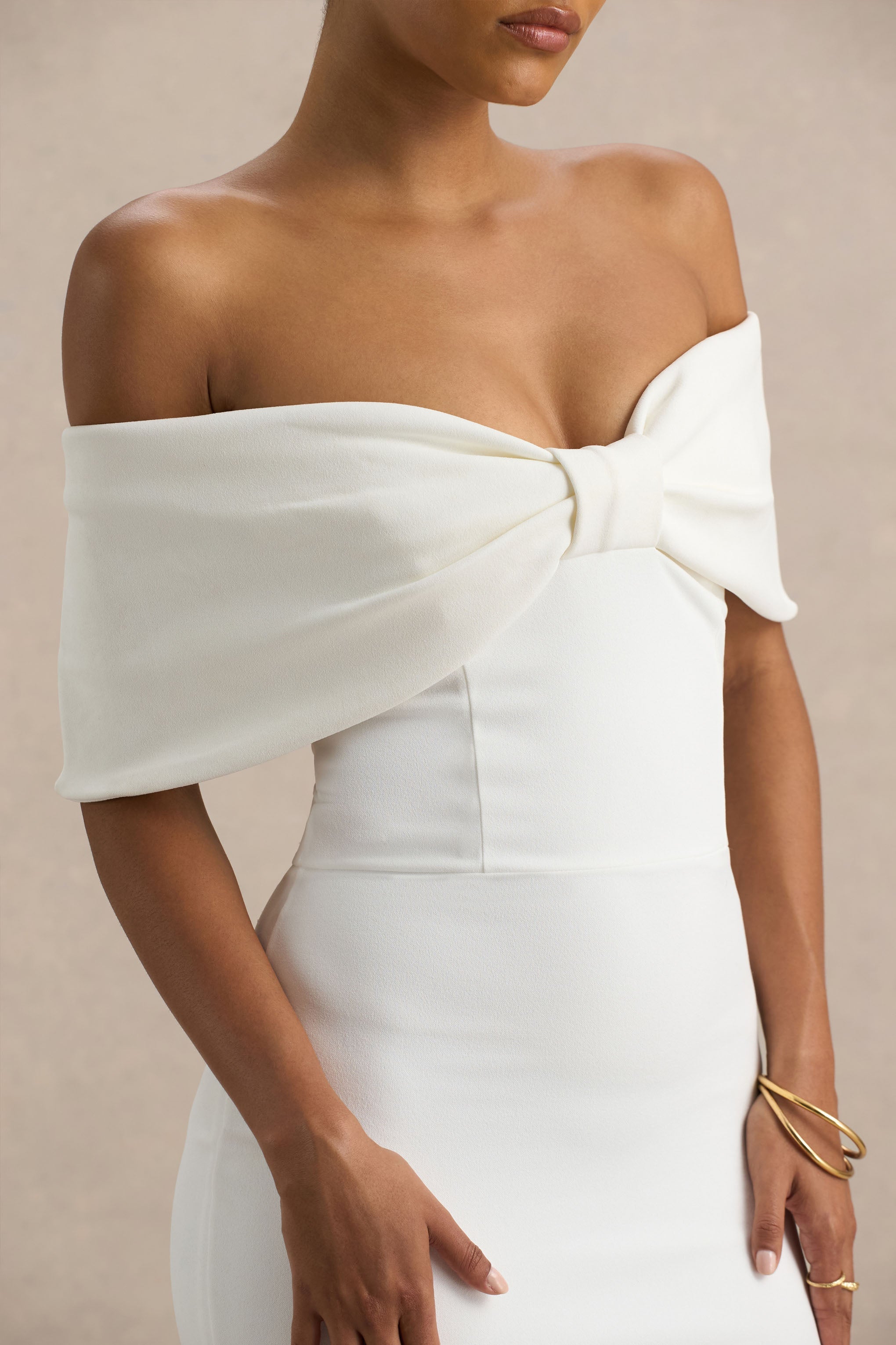Bayshore | Weißes Bardot-Midikleid mit Schleife