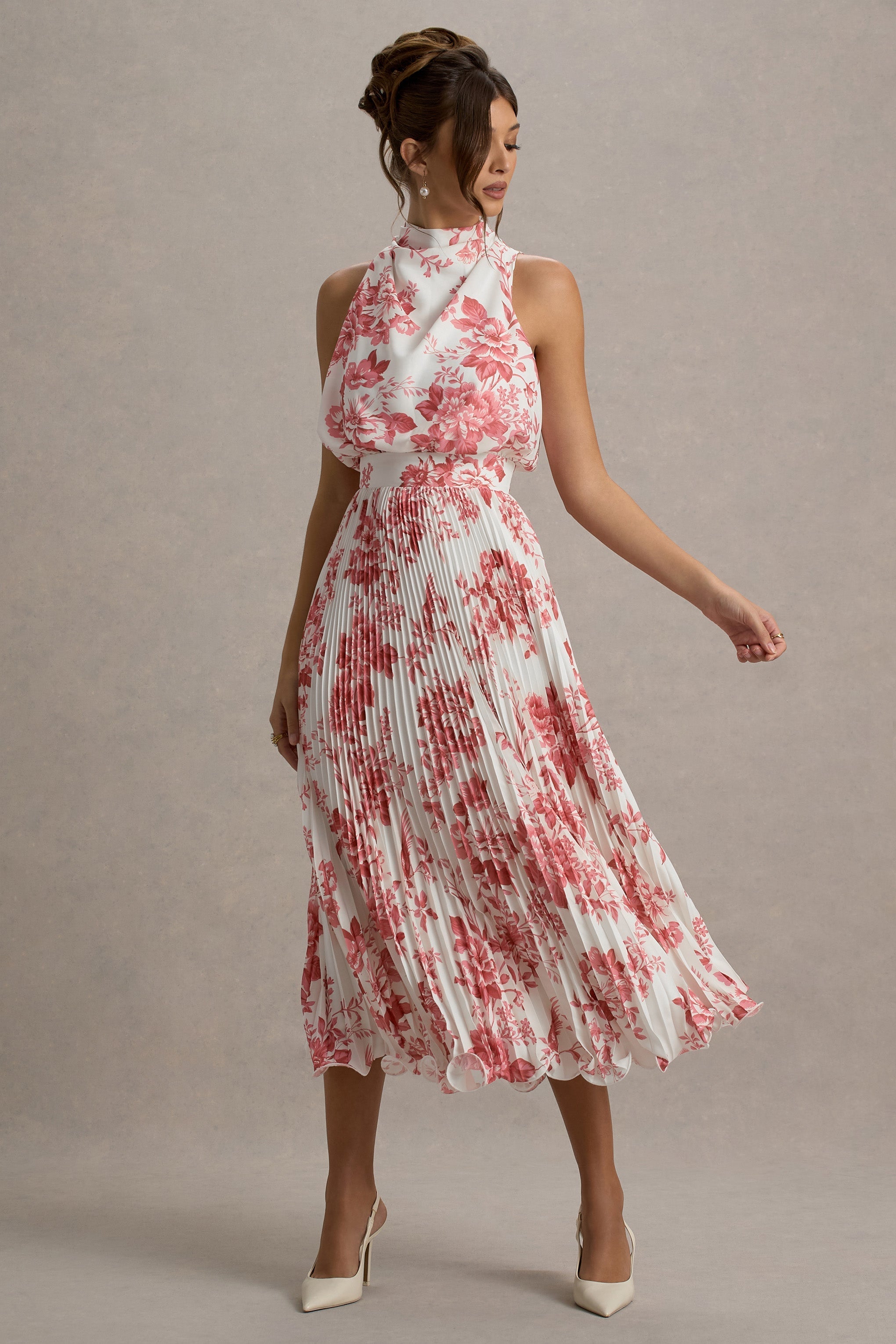 Nila | Rosa Porzellan-Druck Cowl-Neck Midikleid mit Plisseerock.