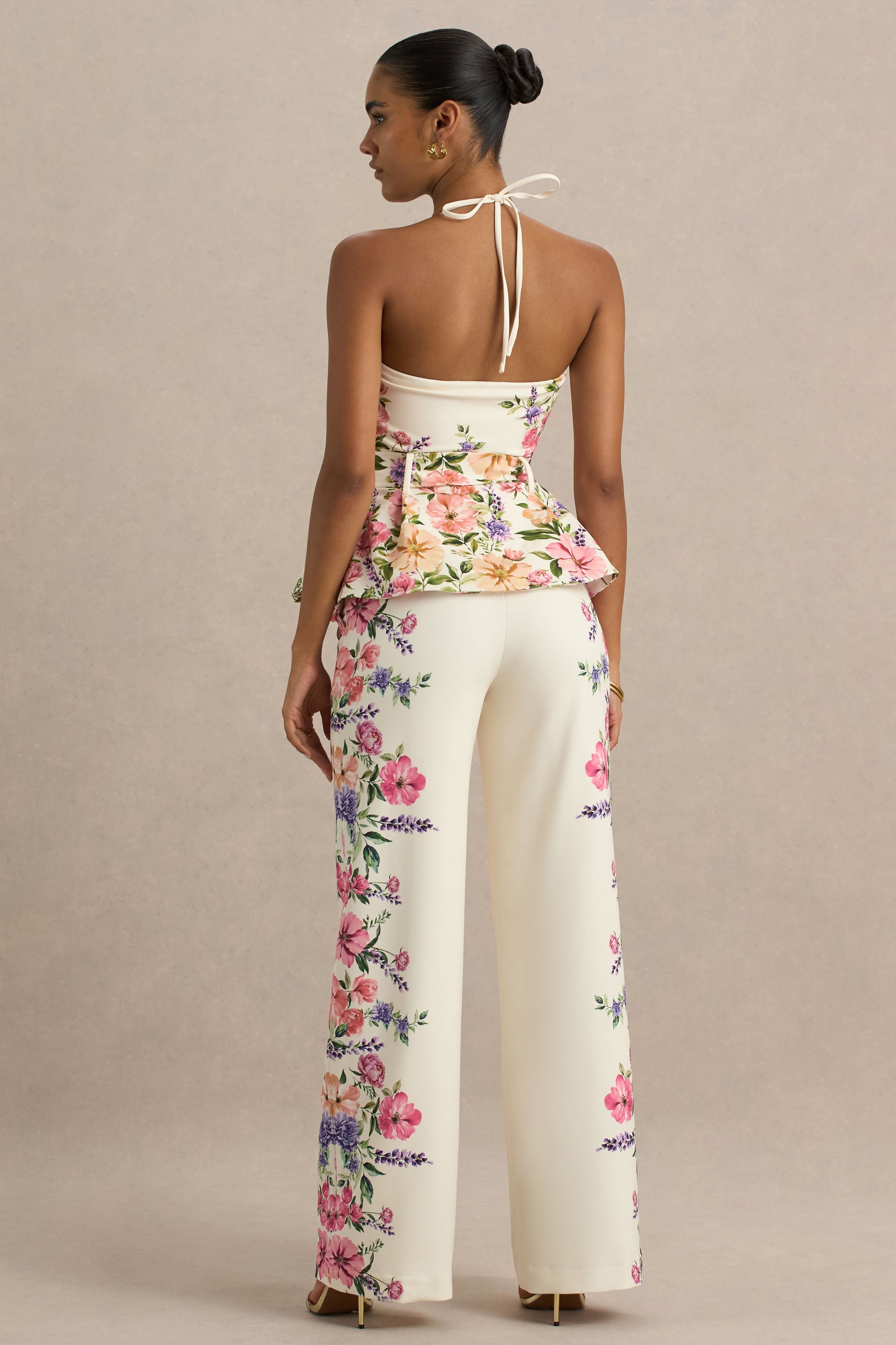 Solana | Weiße Hose mit Blumendruck und weitem Beinabschluss