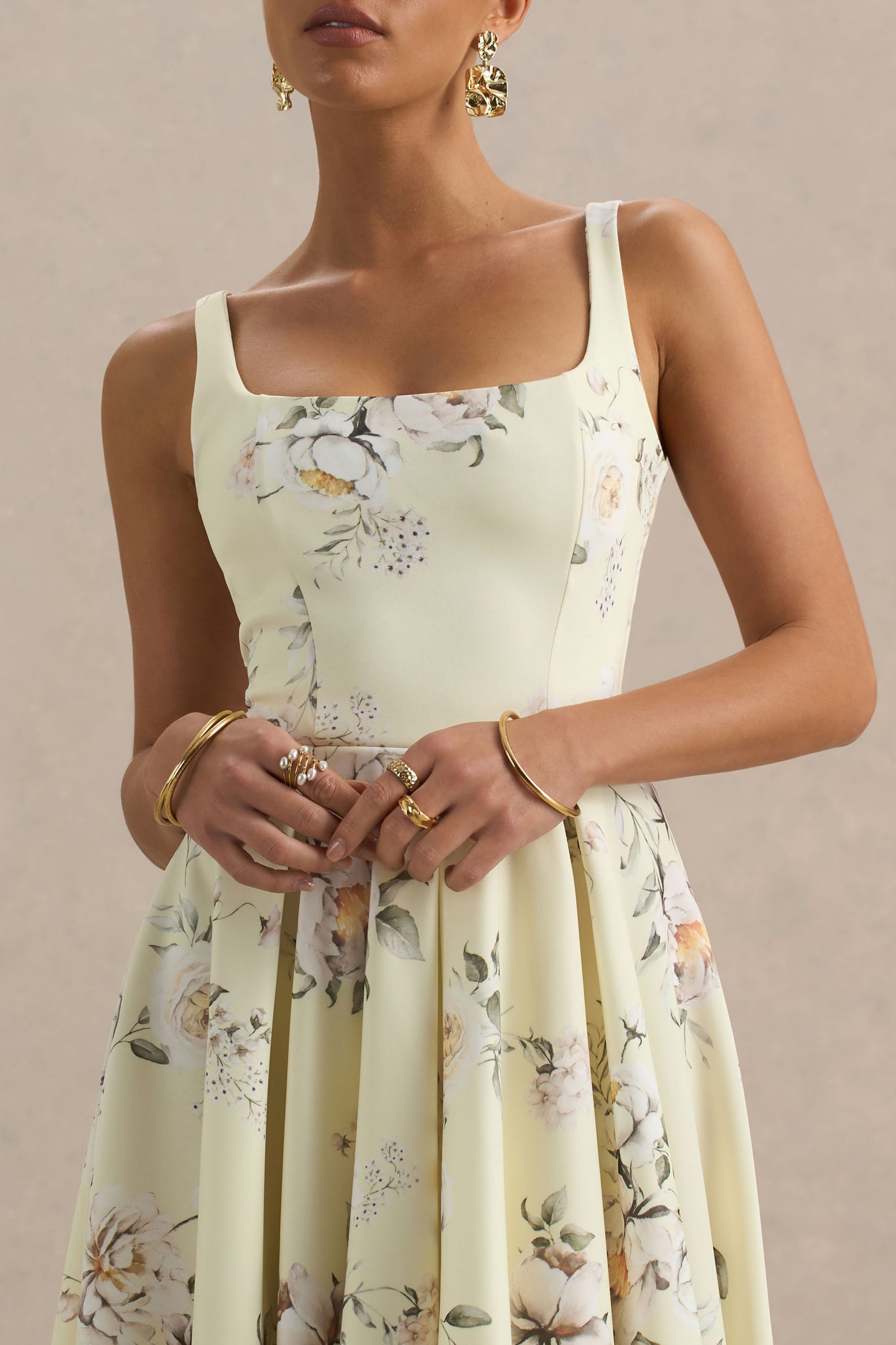 Lissa | Zitronen-Blumenstrauß-Print Midikleid mit eckigem Ausschnitt