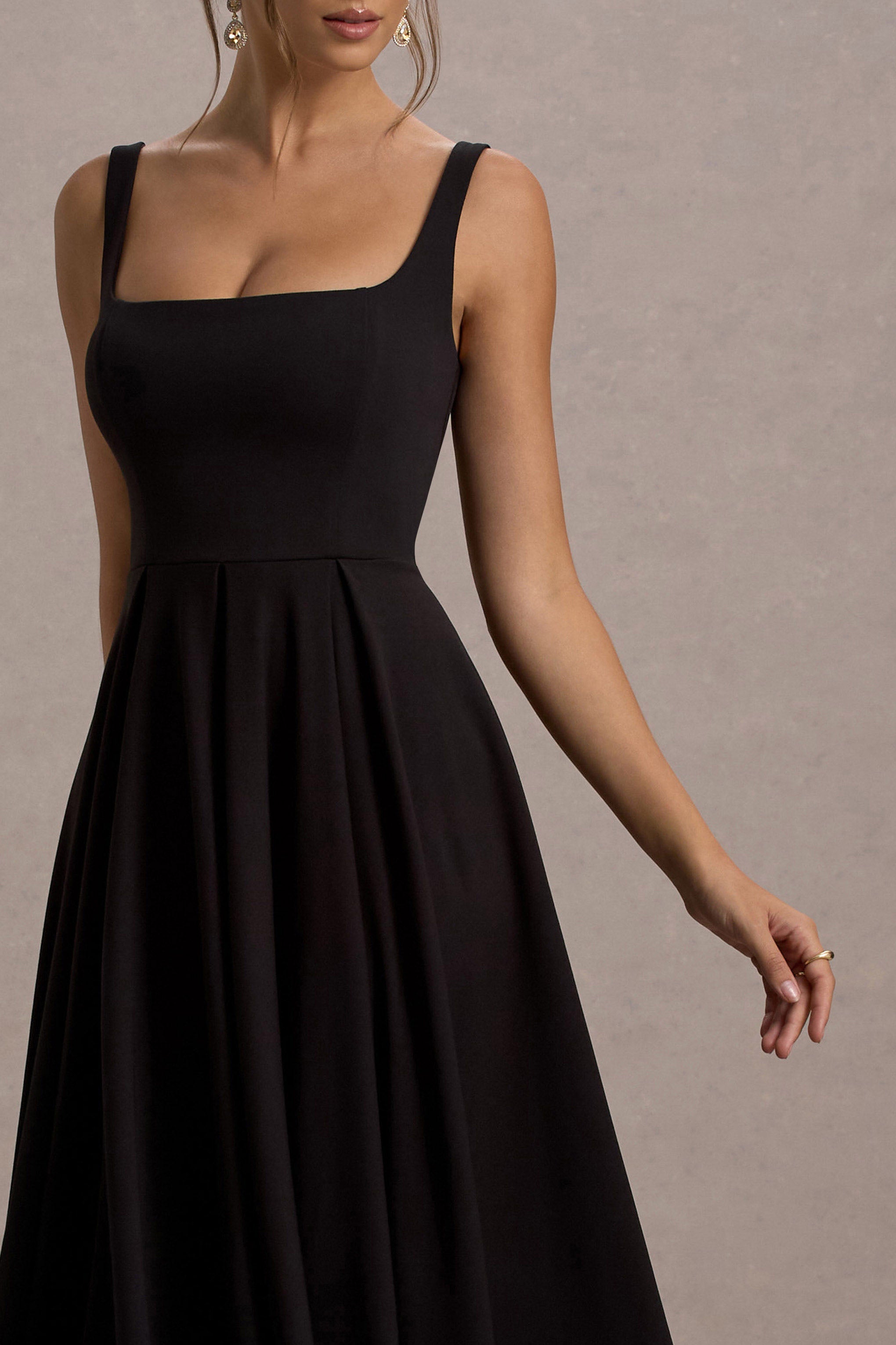 Parina | Schwarzes Midikleid mit Trägern und Volantsaum