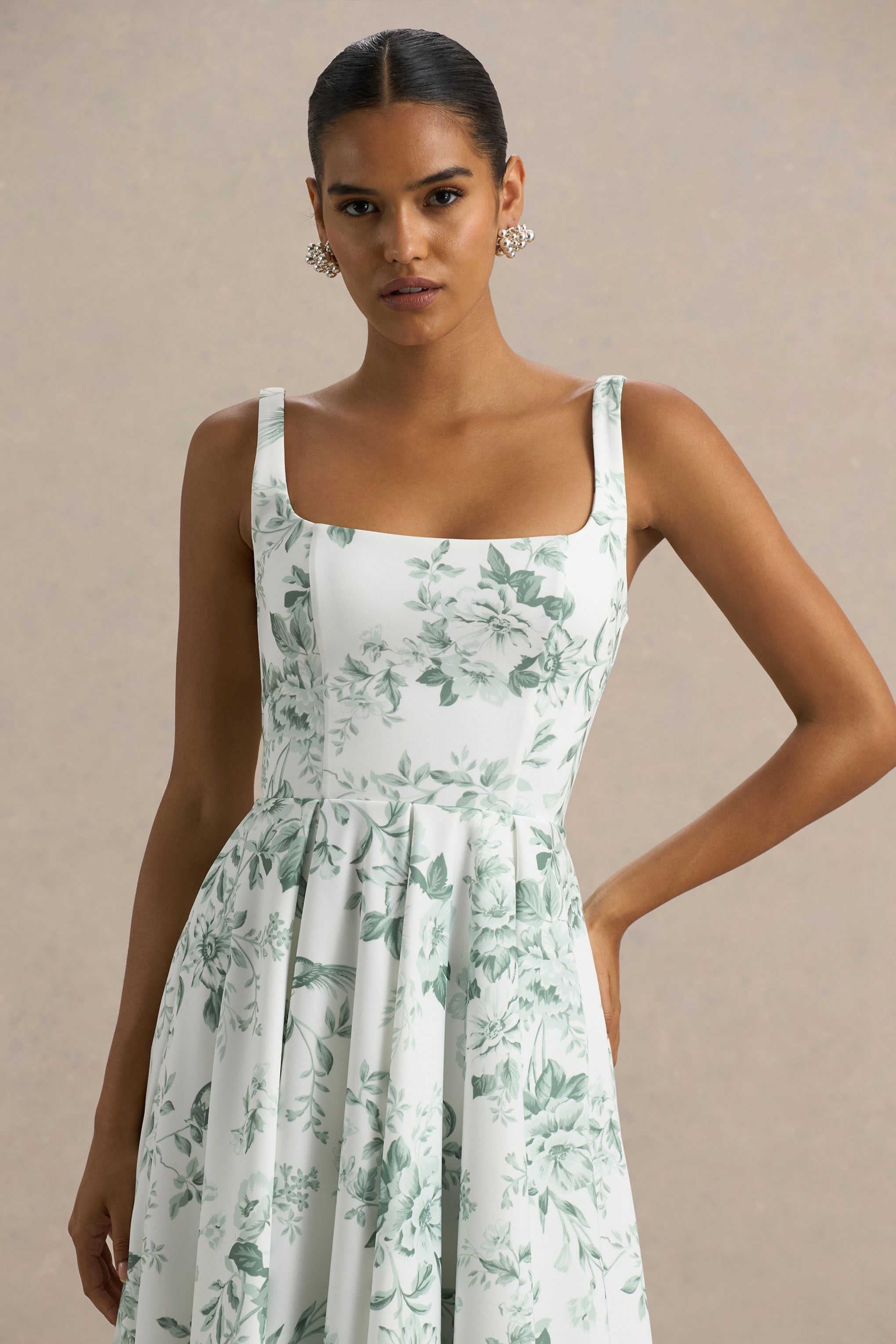 Lissa | Grünes Midikleid mit Porzellan-Print und quadratischem Ausschnitt