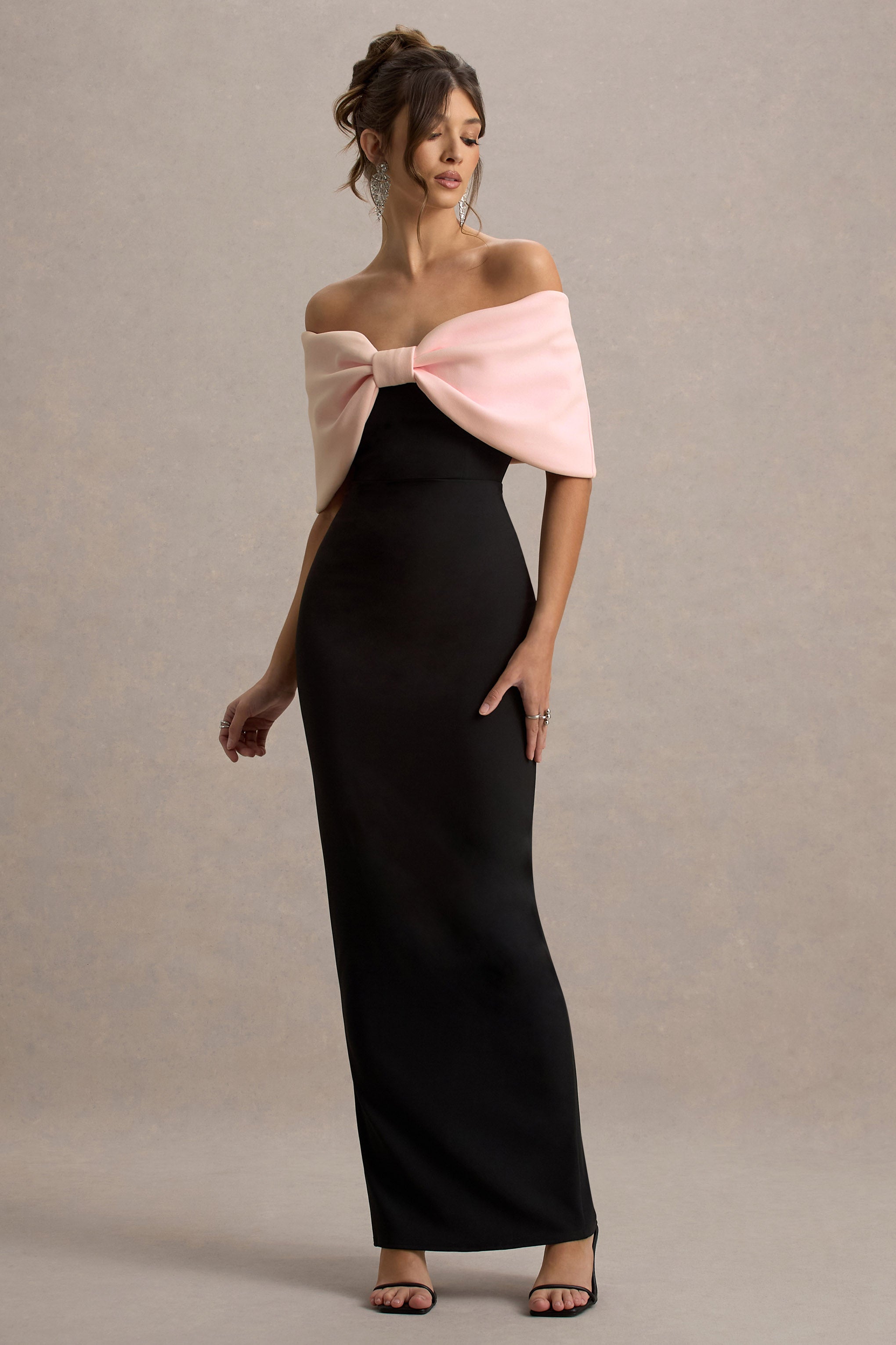 Cornelia | Rosa & Schwarzes Trägerloses Maxikleid mit Großer Schleife