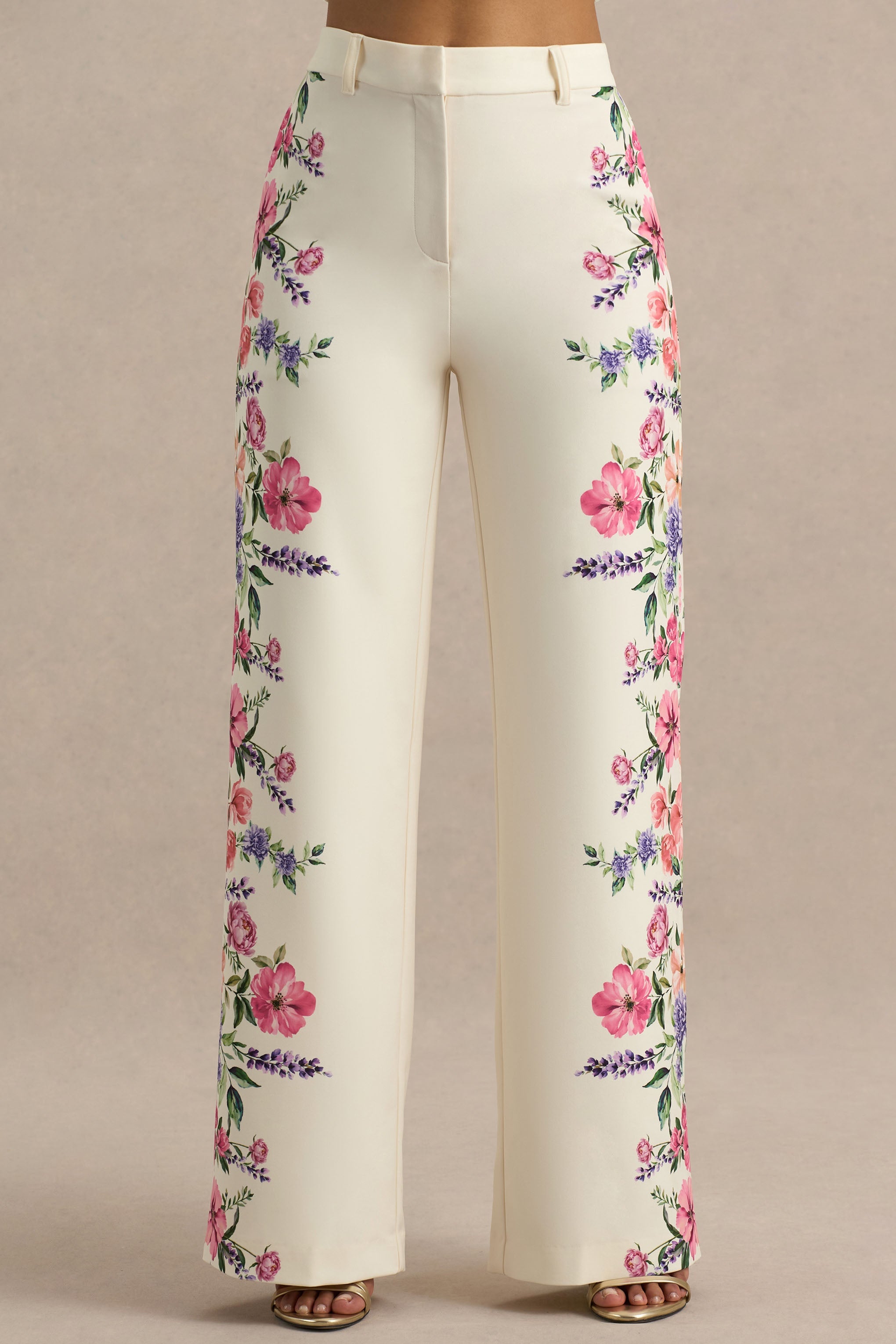 Solana | Weiße Hose mit Blumendruck und weitem Beinabschluss