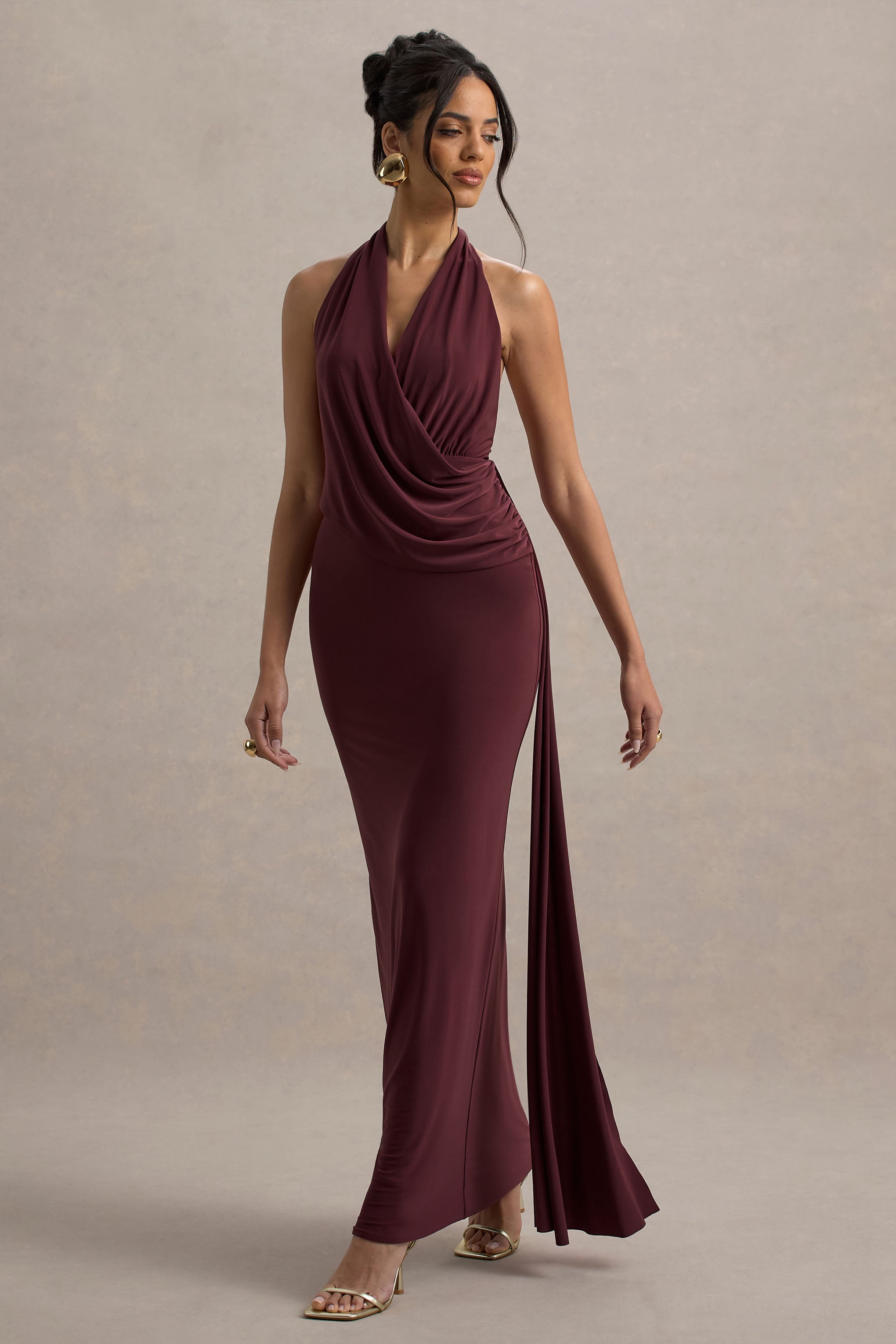 Rosina | Burgunderrotes drapiertes Maxikleid mit Halterneck und Schleife
