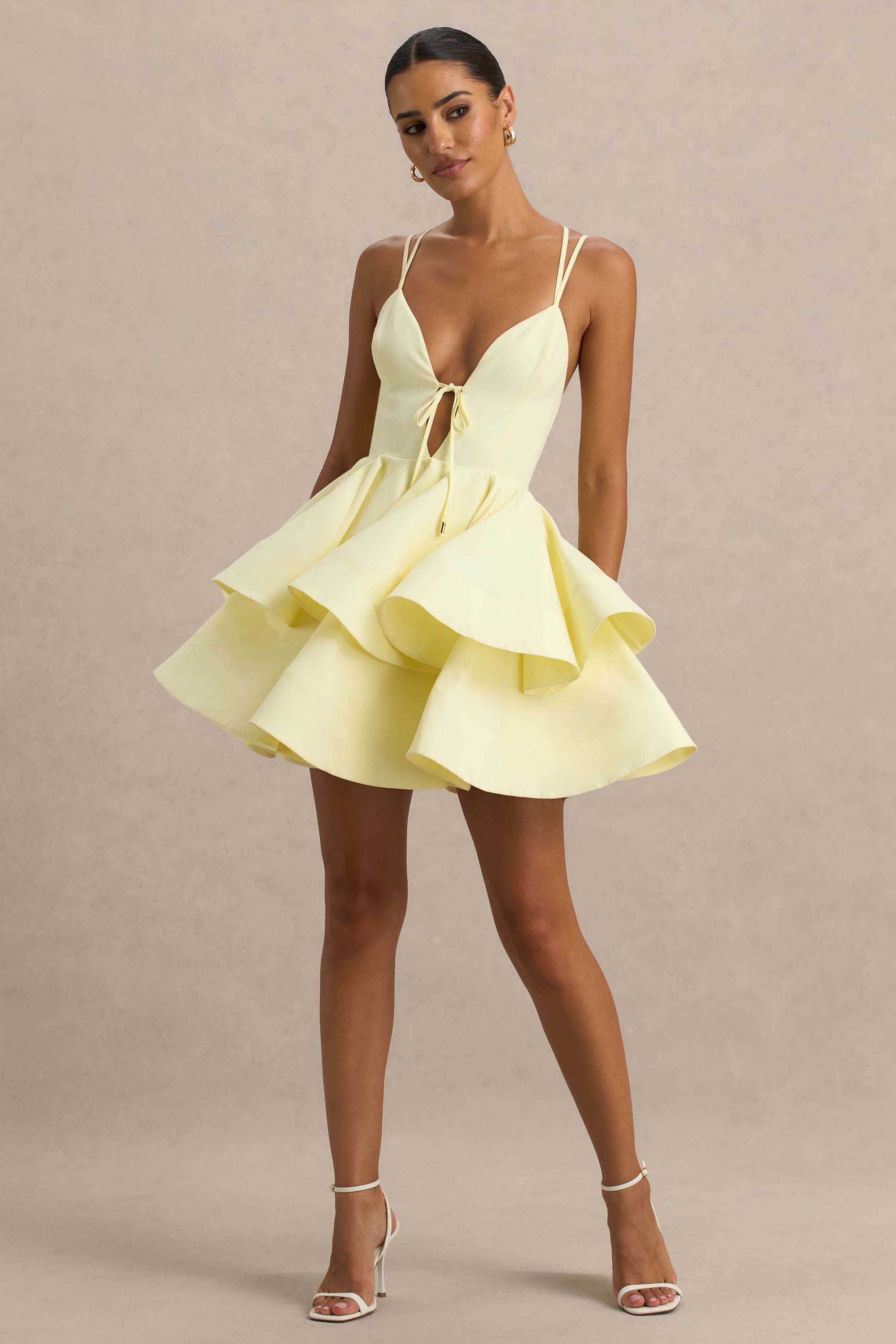Flavia | Zitronenfarbenes Leinenkleid mit gerafftem Skater-Minirock.