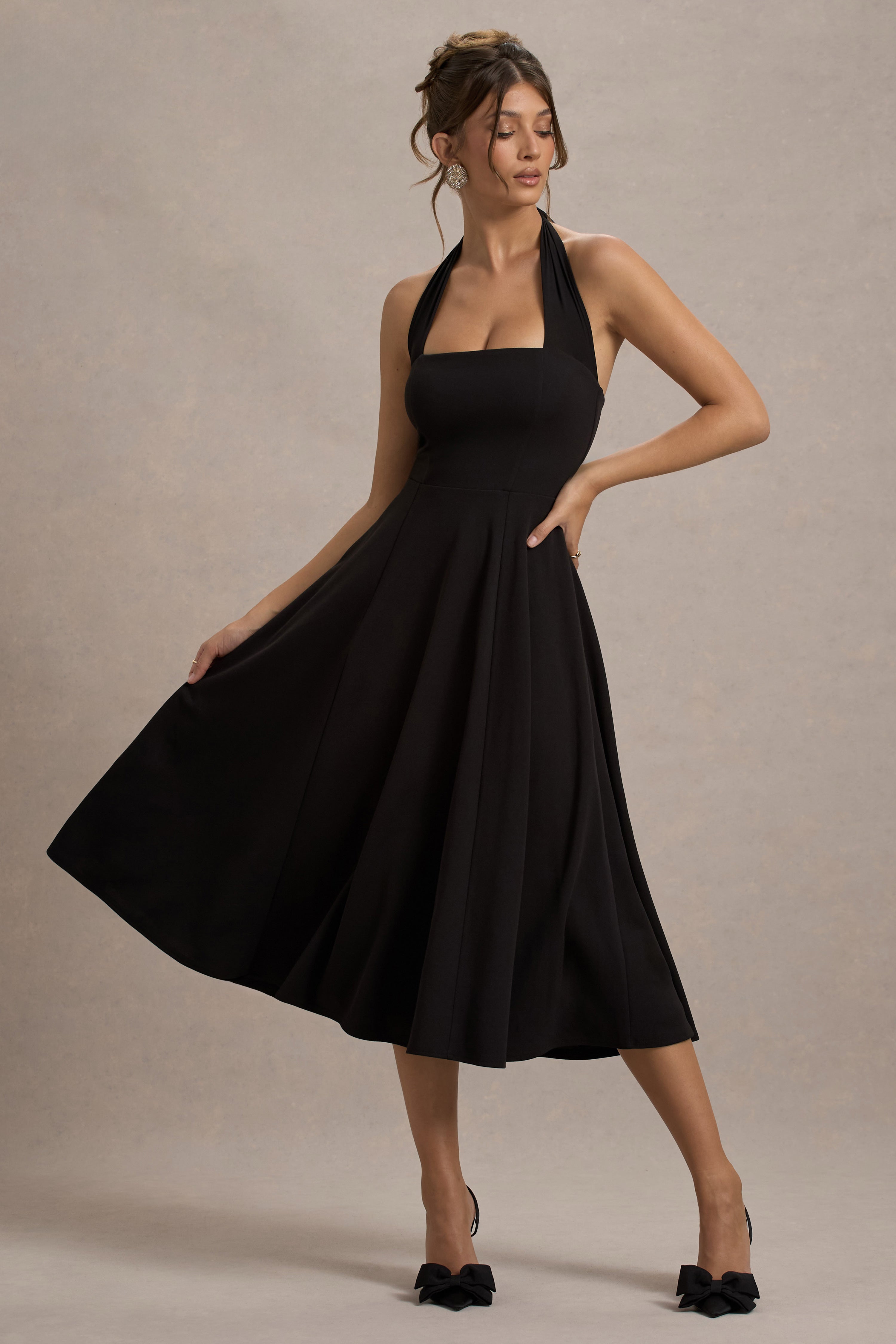 Auburn | Schwarzes Halter Skater Midikleid