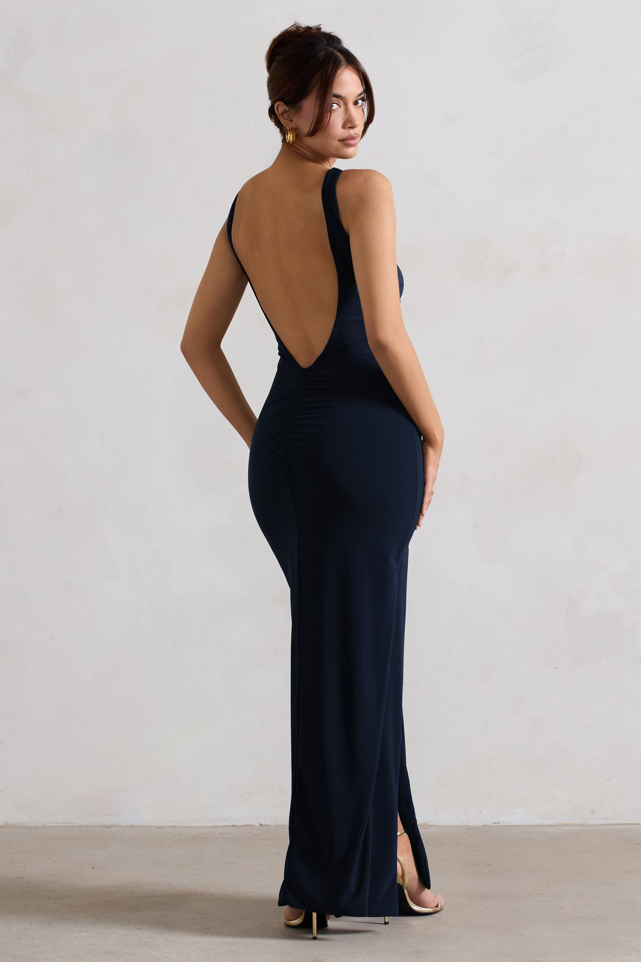 Kate | Marineblau Maxikleid mit quadratischem Ausschnitt, tiefem Rückenausschnitt und seitlichem Beinschlitz